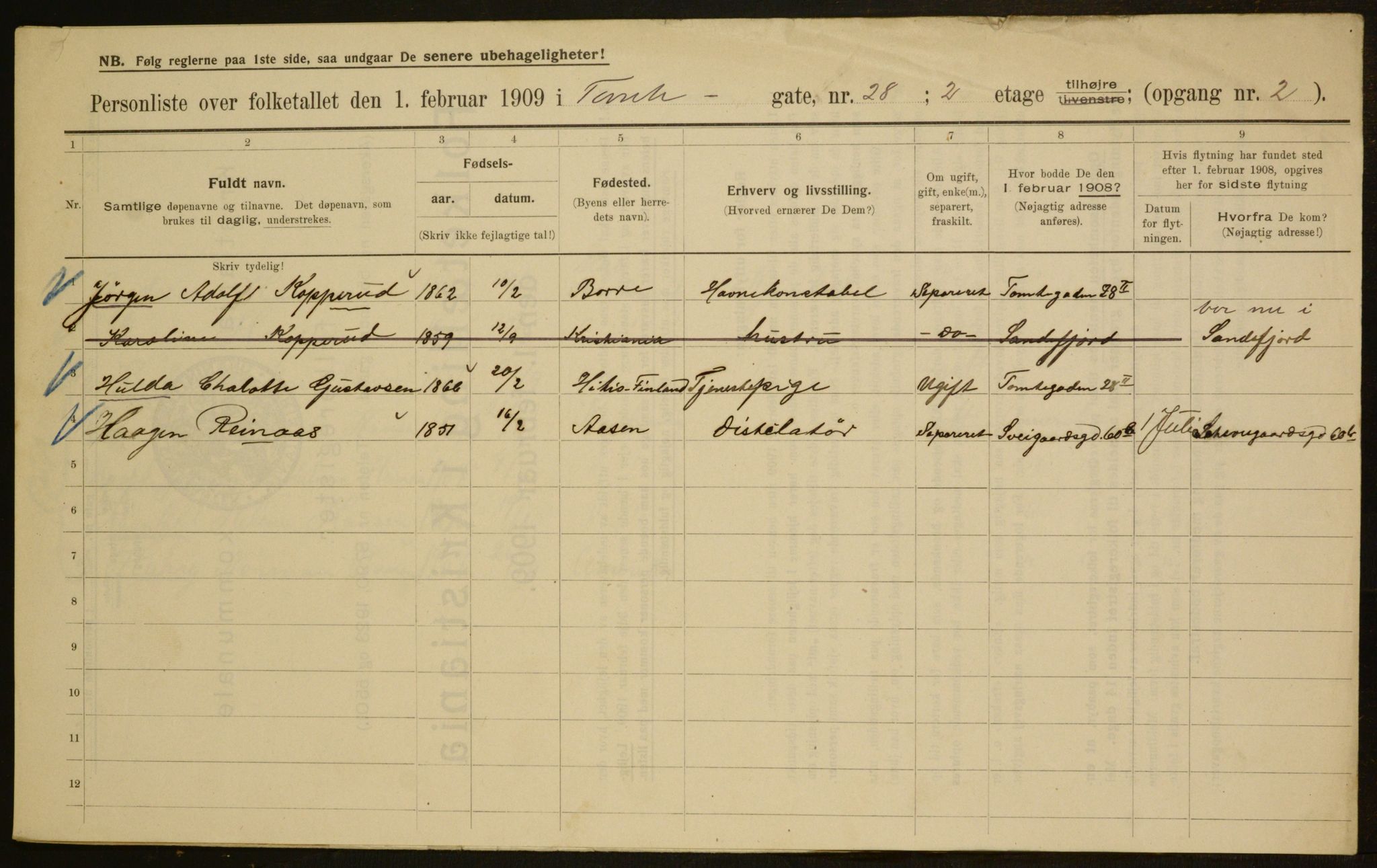 OBA, Kommunal folketelling 1.2.1909 for Kristiania kjøpstad, 1909, s. 103106