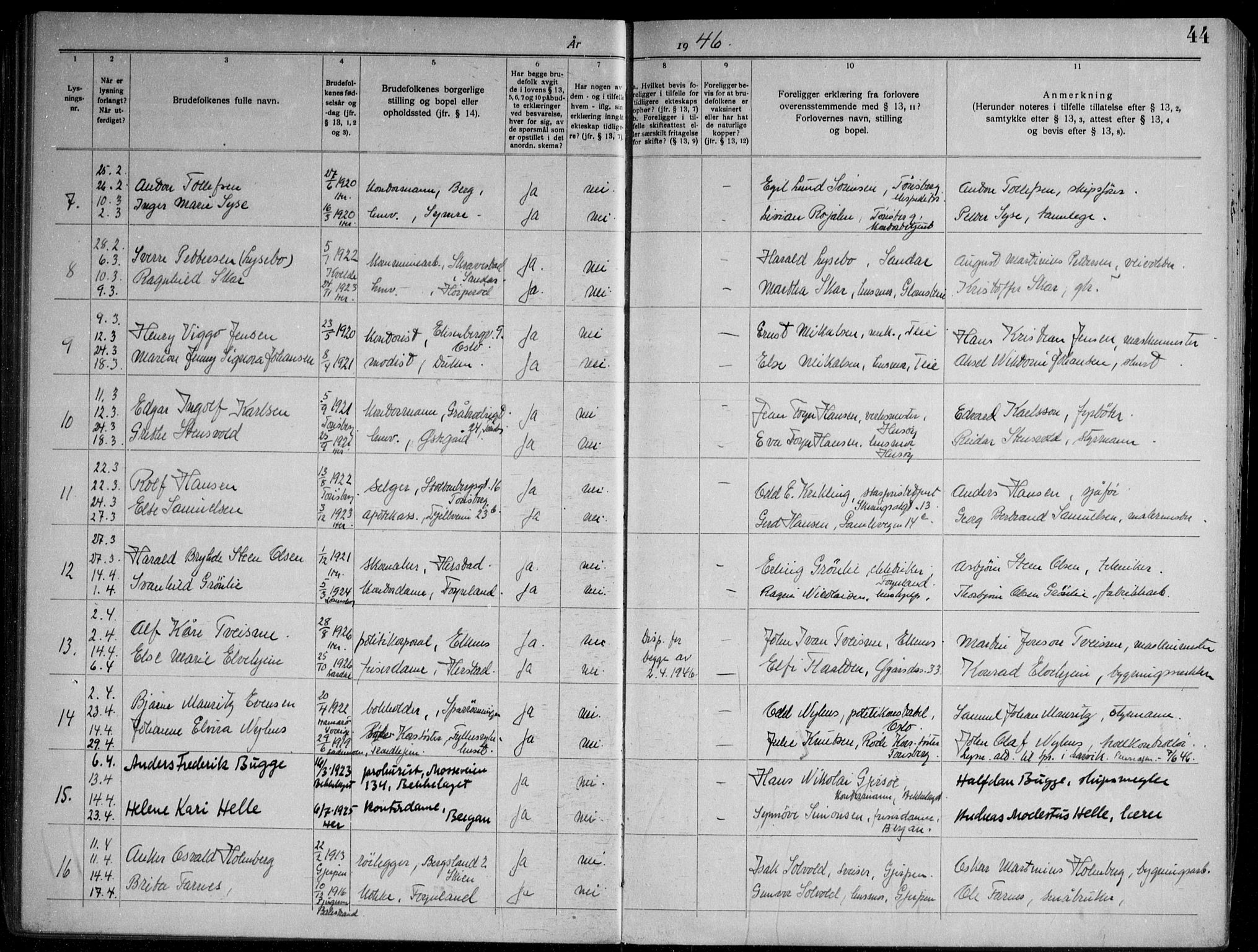 Nøtterøy kirkebøker, AV/SAKO-A-354/H/Ha/L0002: Lysningsprotokoll nr. 2, 1937-1952, s. 44