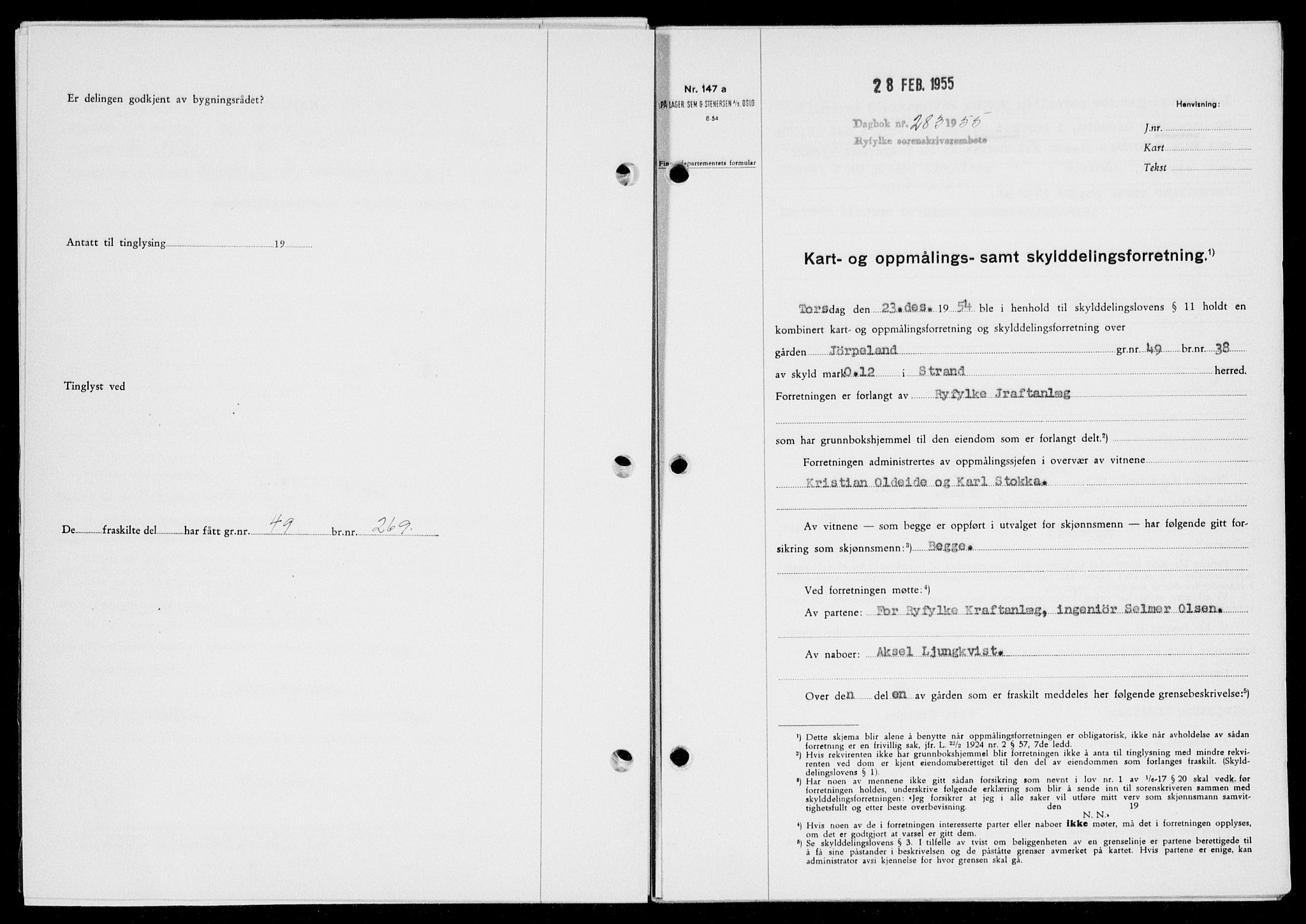 Ryfylke tingrett, SAST/A-100055/001/II/IIB/L0128: Pantebok nr. 107, 1954-1955, Dagboknr: 283/1955
