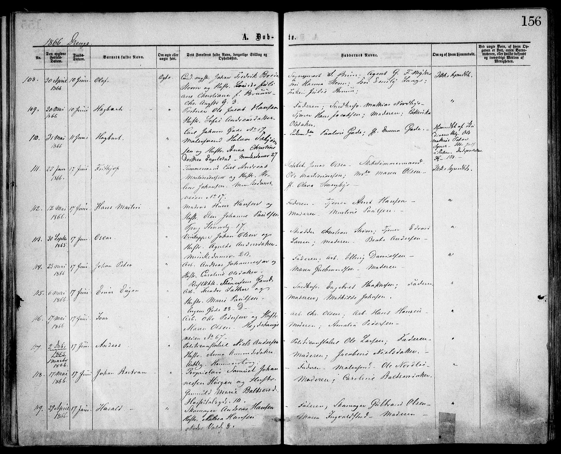 Trefoldighet prestekontor Kirkebøker, AV/SAO-A-10882/F/Fa/L0002: Ministerialbok nr. I 2, 1863-1870, s. 156