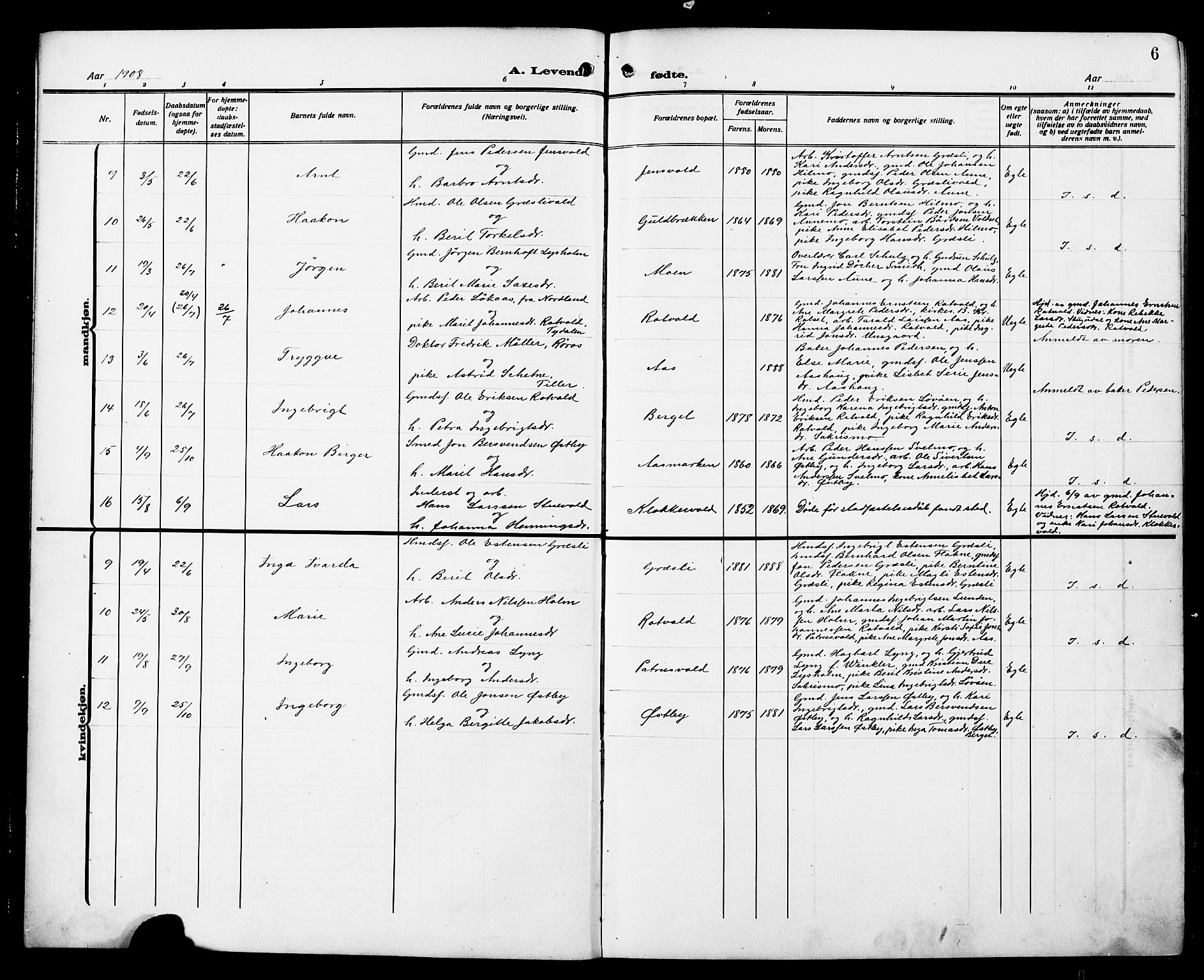Ministerialprotokoller, klokkerbøker og fødselsregistre - Sør-Trøndelag, AV/SAT-A-1456/698/L1168: Klokkerbok nr. 698C05, 1908-1930, s. 6