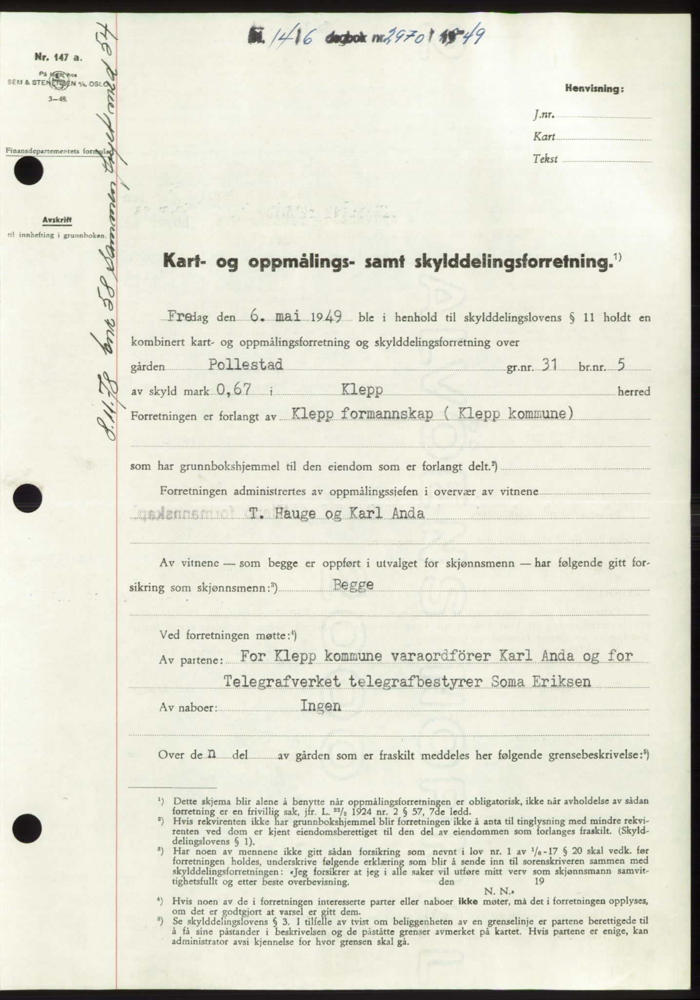 Jæren sorenskriveri, SAST/A-100310/03/G/Gba/L0103: Pantebok, 1949-1949, Dagboknr: 2970/1949
