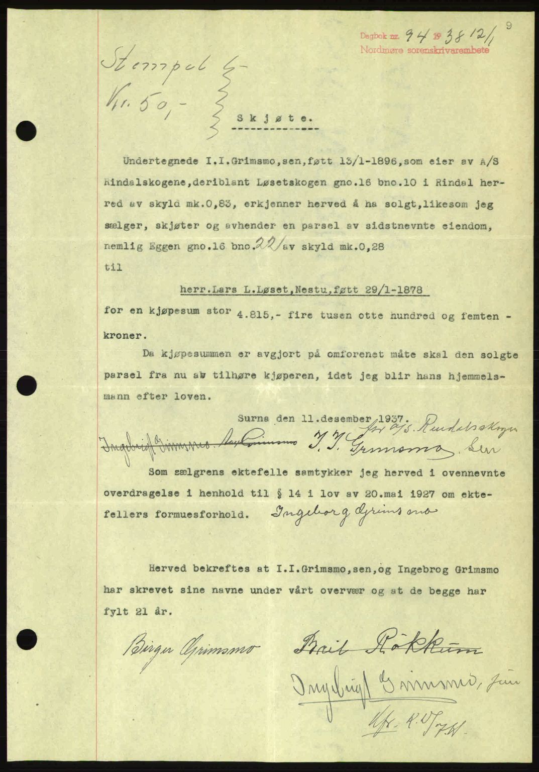Nordmøre sorenskriveri, SAT/A-4132/1/2/2Ca: Pantebok nr. A83, 1938-1938, Dagboknr: 94/1938