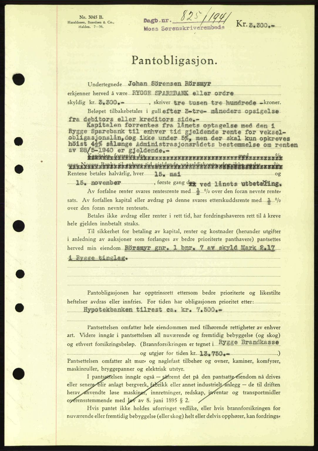 Moss sorenskriveri, SAO/A-10168: Pantebok nr. B10, 1940-1941, Dagboknr: 825/1941