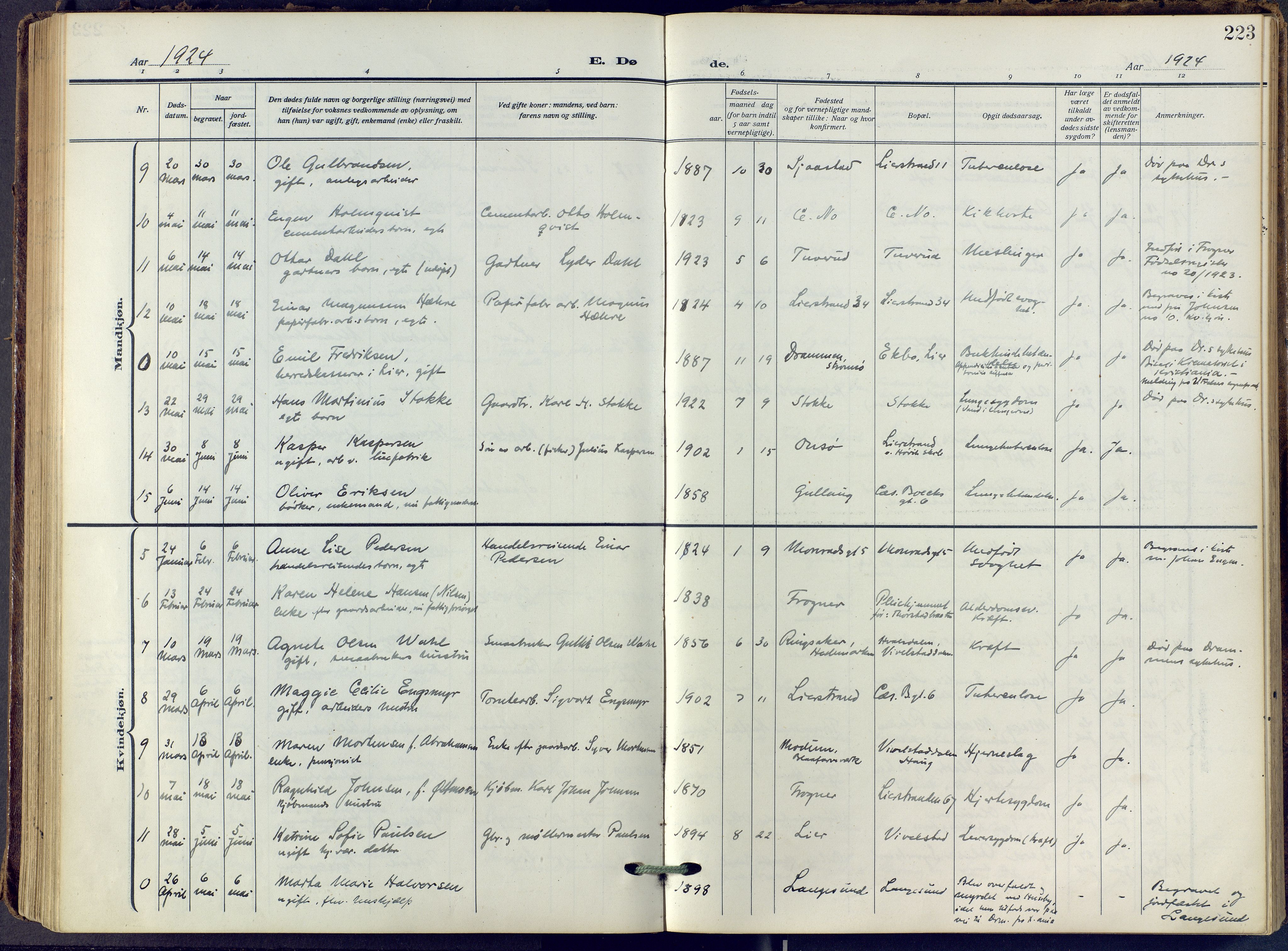 Lier kirkebøker, SAKO/A-230/F/Fa/L0019: Ministerialbok nr. I 19, 1918-1928, s. 223
