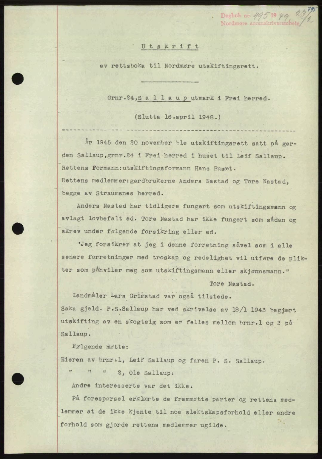 Nordmøre sorenskriveri, SAT/A-4132/1/2/2Ca: Pantebok nr. A110, 1948-1949, Dagboknr: 495/1949