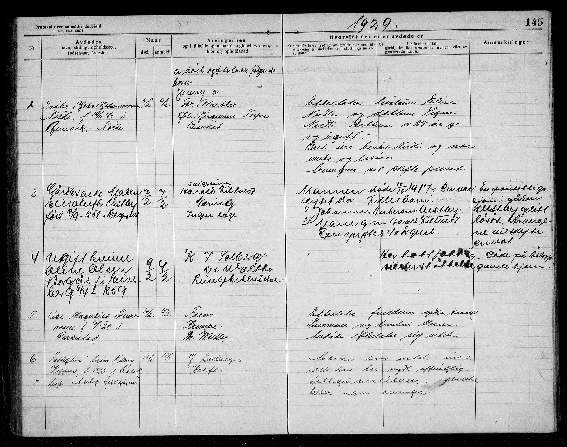 Rakkestad lensmannskontor, AV/SAO-A-10004/H/Ha/Haa/L0004: Dødsanmeldelsesprotokoll, 1920-1931, s. 145