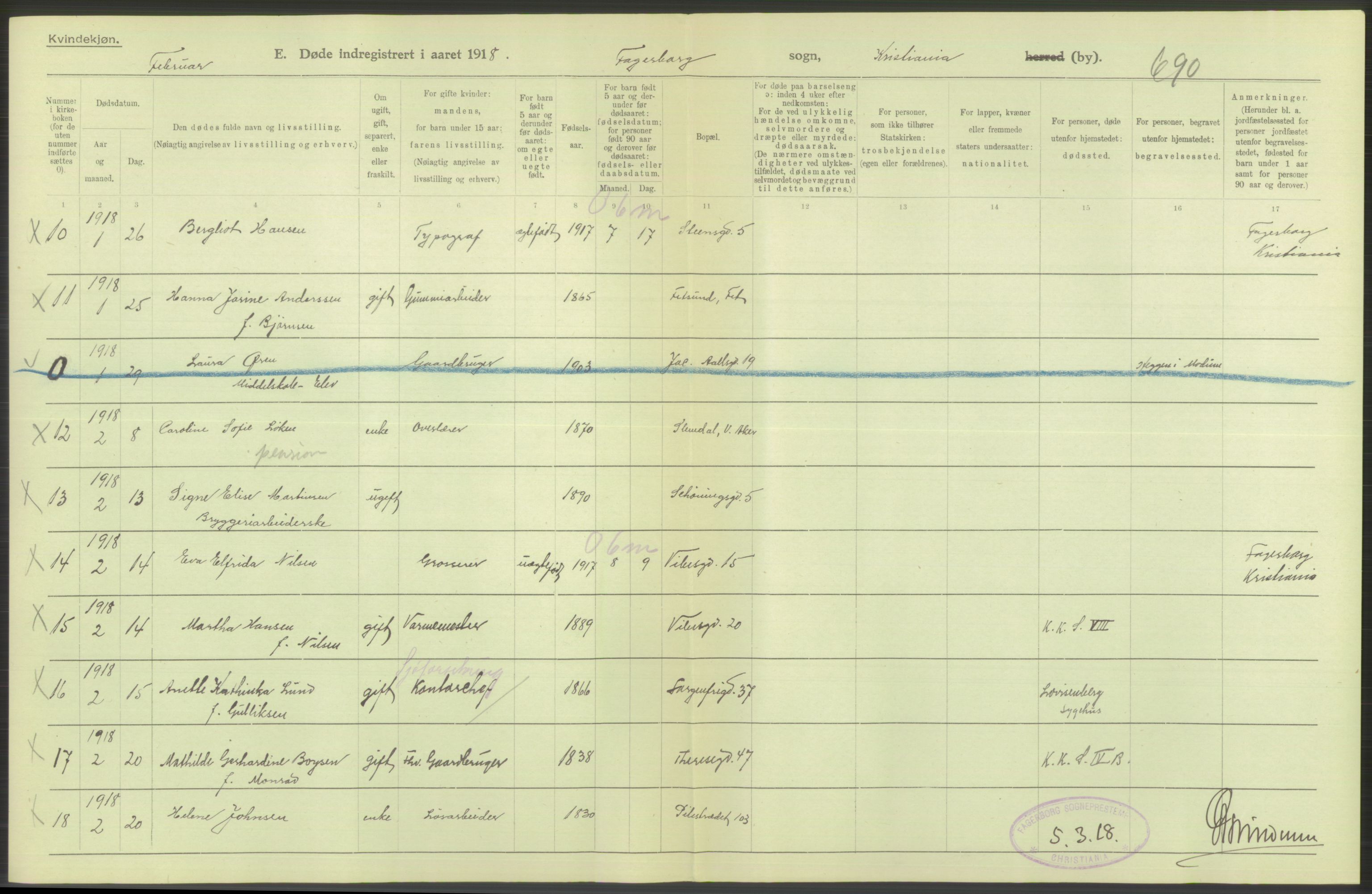 Statistisk sentralbyrå, Sosiodemografiske emner, Befolkning, RA/S-2228/D/Df/Dfb/Dfbh/L0010: Kristiania: Døde, 1918, s. 272