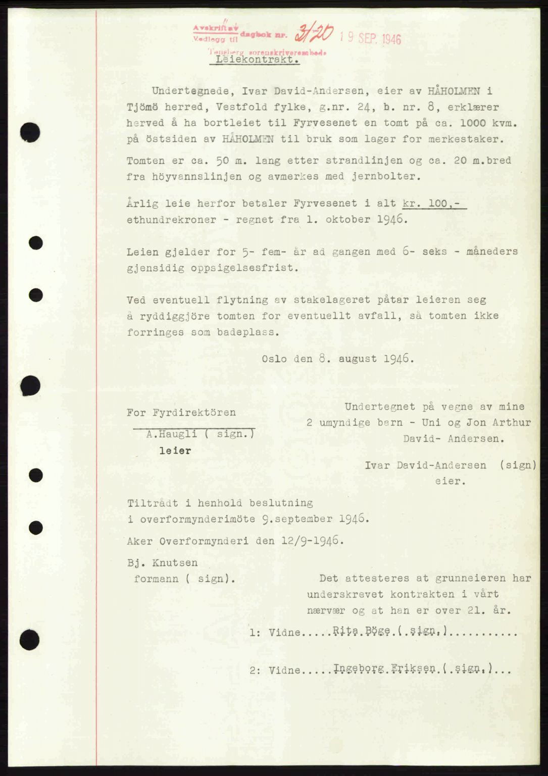 Tønsberg sorenskriveri, SAKO/A-130/G/Ga/Gaa/L0019: Pantebok nr. A19, 1946-1946, Dagboknr: 3120/1946