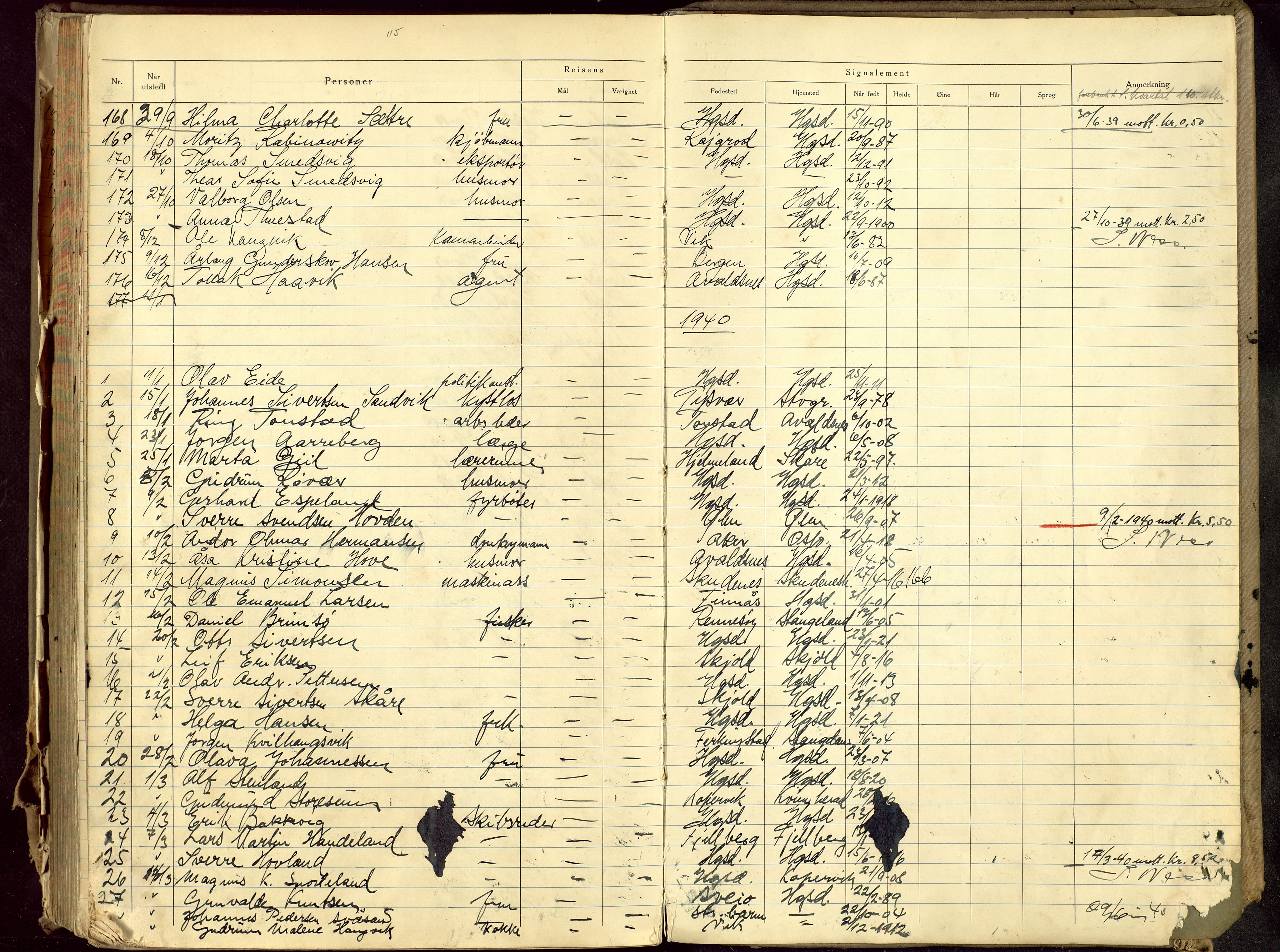 Haugesund politikammer, AV/SAST-A-100440/K/L0006: Passprotokoll for utstedte pass og reisekort, 1937-1940, s. 205