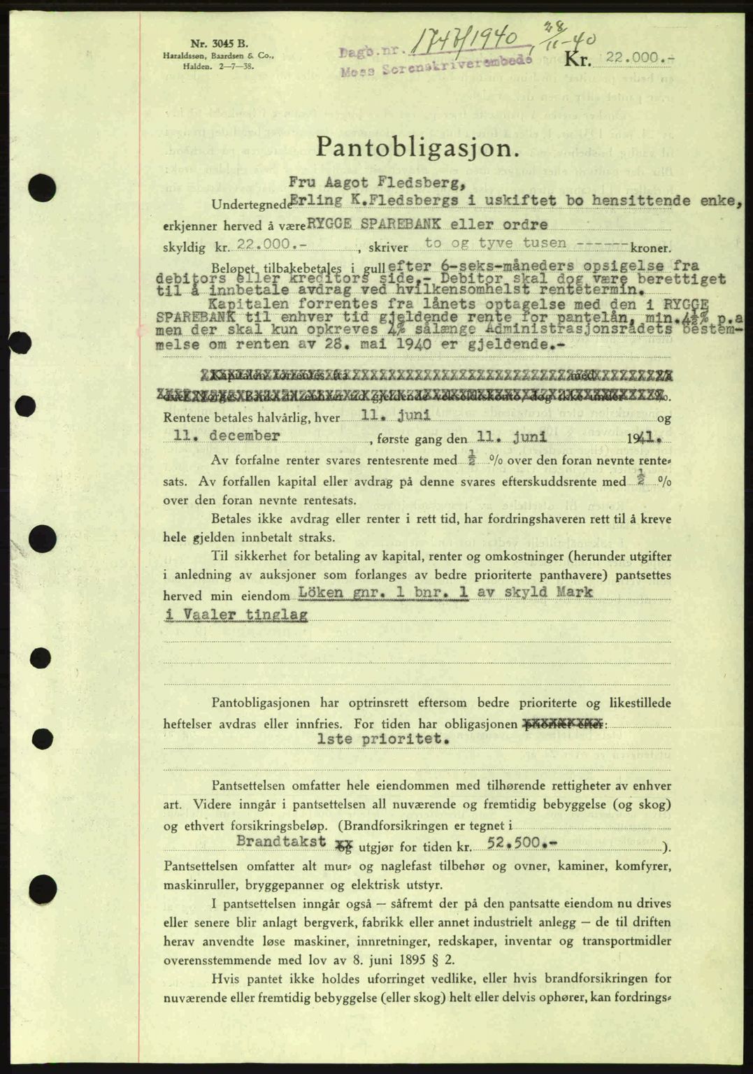 Moss sorenskriveri, SAO/A-10168: Pantebok nr. B10, 1940-1941, Dagboknr: 1747/1940