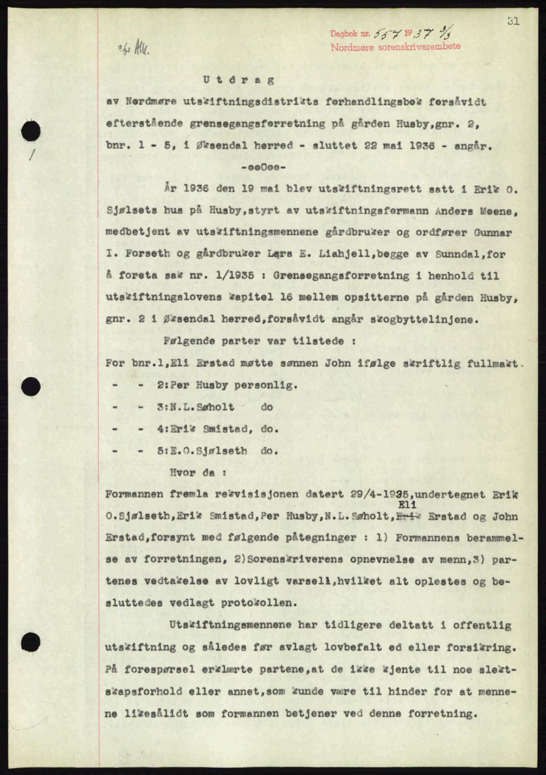 Nordmøre sorenskriveri, SAT/A-4132/1/2/2Ca: Pantebok nr. A81, 1937-1937, Dagboknr: 557/1937