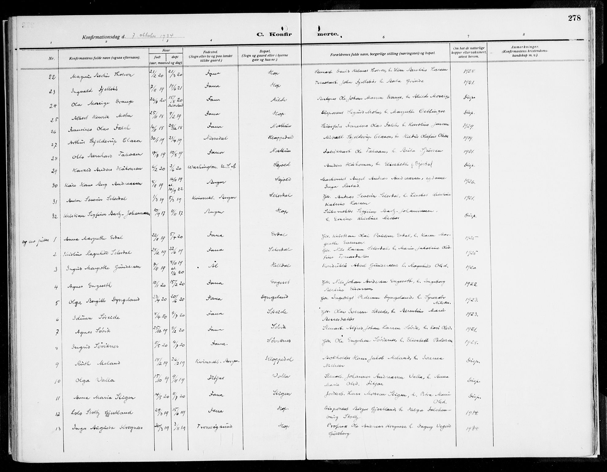 Fana Sokneprestembete, AV/SAB-A-75101/H/Haa/Haaj/L0001: Ministerialbok nr. J 1, 1921-1935, s. 278