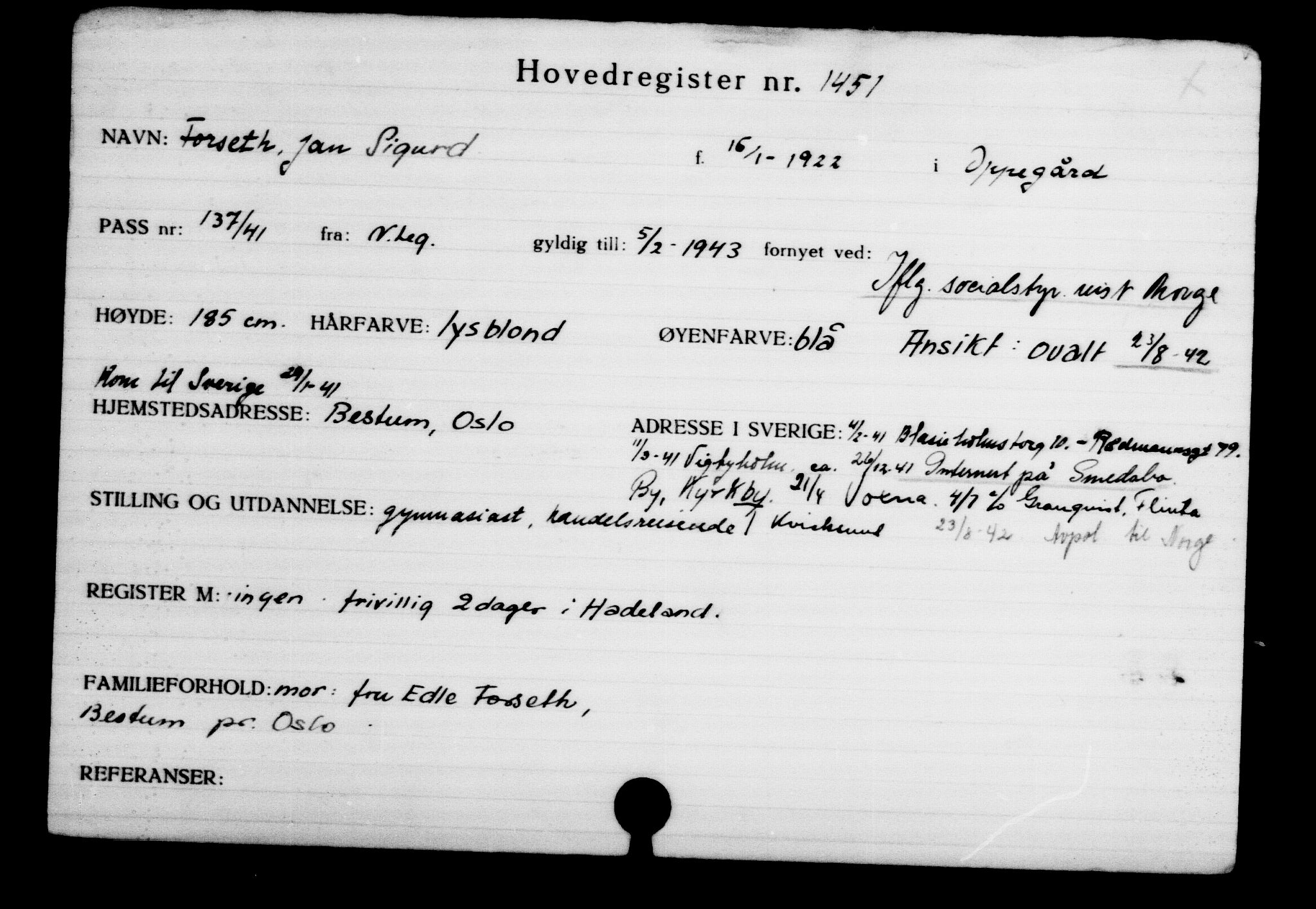 Utenriksstasjonene, Legasjonen i Stockholm, Flyktningkontoret, AV/RA-S-6753/V/Va/L0002: Kjesäterkartoteket, flyktninger med registreringsnr. 1001-2000, 1940-1945, s. 639