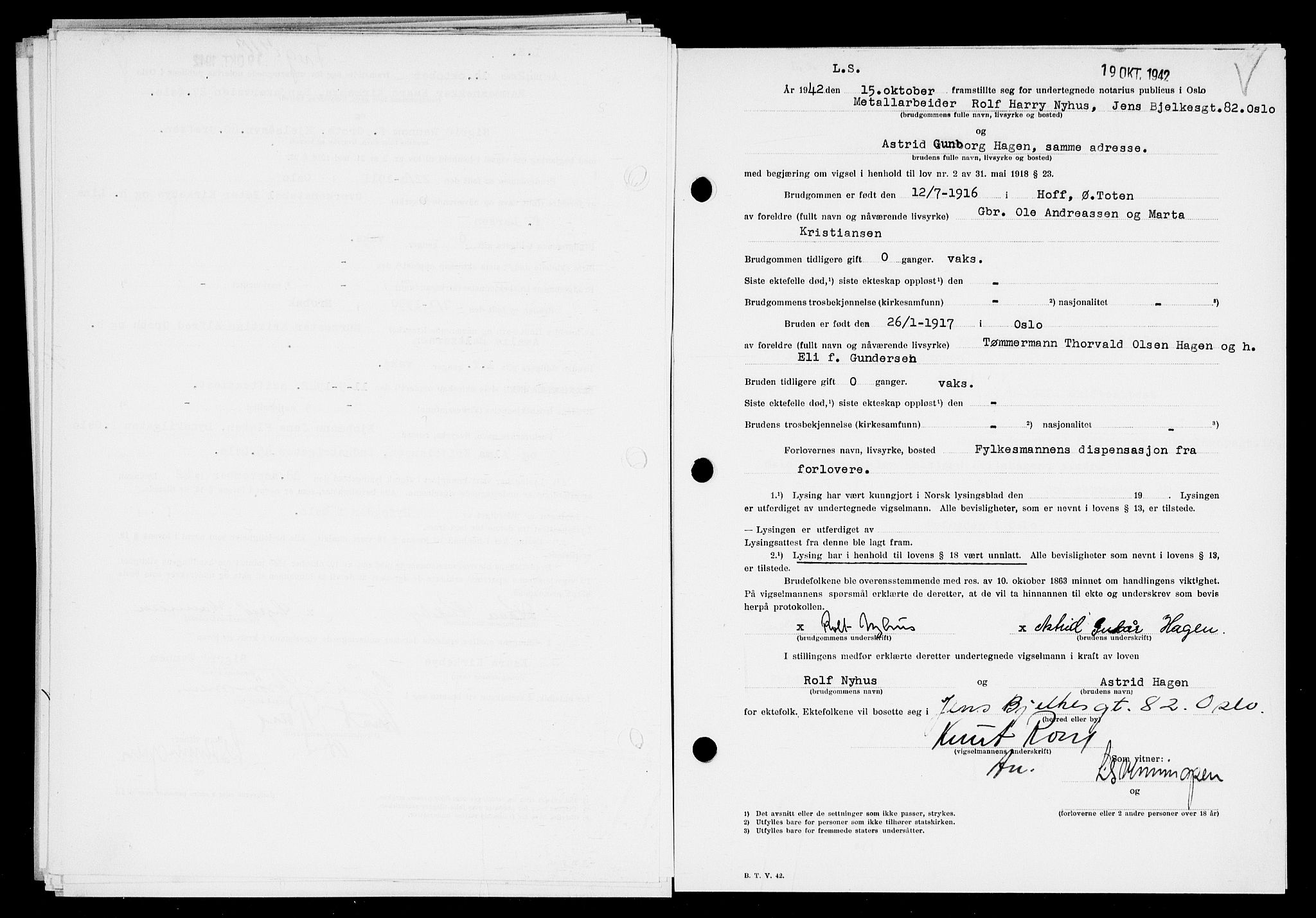 Oslo byfogd avd. I, AV/SAO-A-10220/L/Lb/Lbb/L0041: Notarialprotokoll, rekke II: Vigsler, 1942