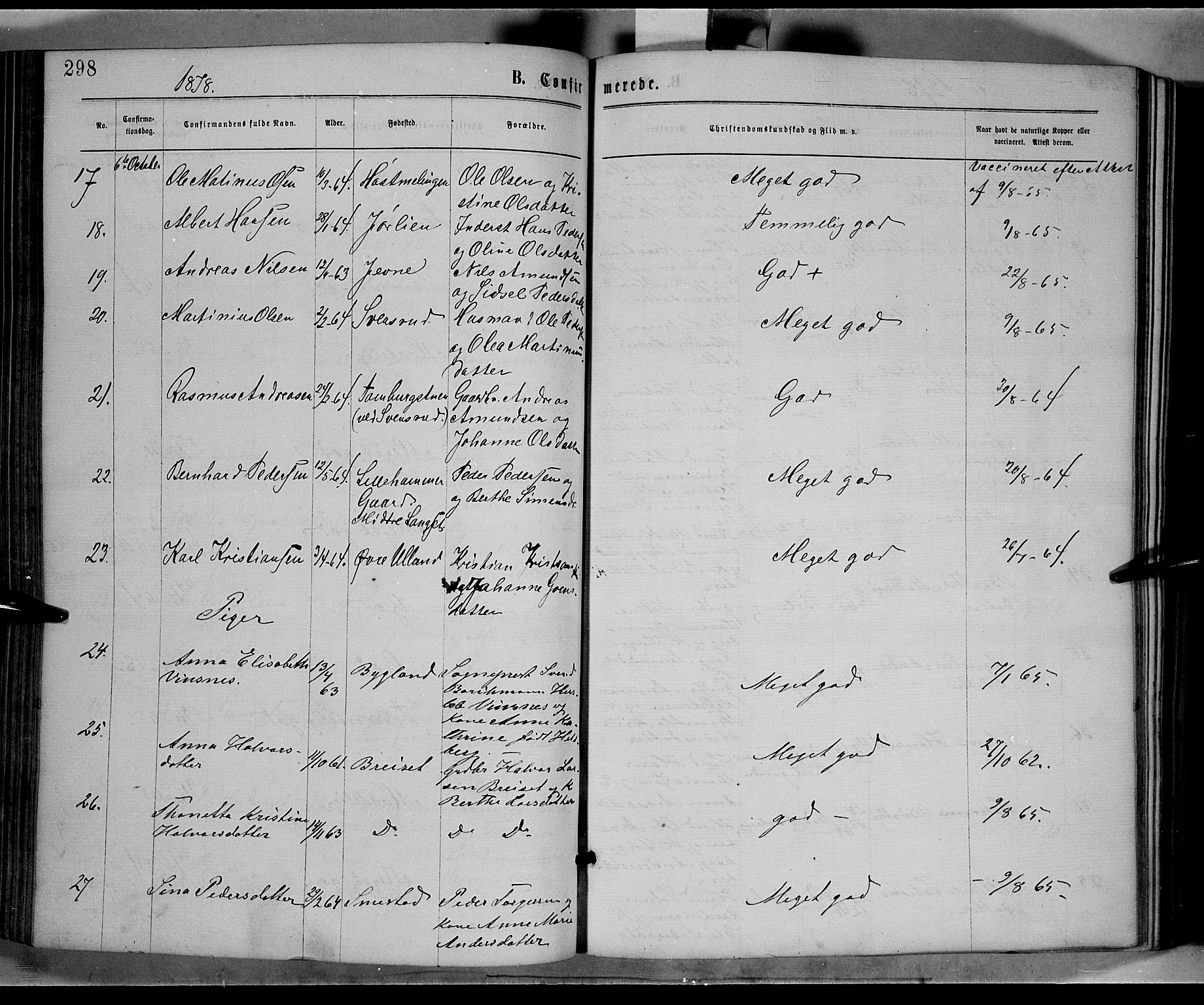 Fåberg prestekontor, AV/SAH-PREST-086/H/Ha/Haa/L0007: Ministerialbok nr. 7, 1868-1878, s. 298