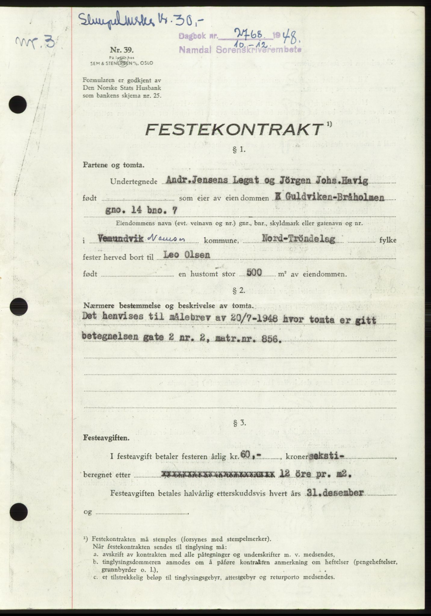 Namdal sorenskriveri, SAT/A-4133/1/2/2C: Pantebok nr. -, 1948-1948, Dagboknr: 2768/1948