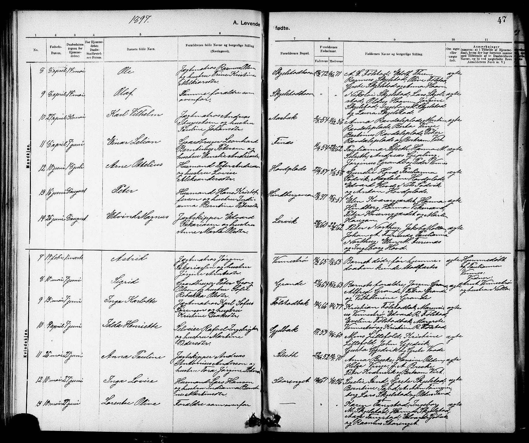 Ministerialprotokoller, klokkerbøker og fødselsregistre - Nord-Trøndelag, SAT/A-1458/744/L0423: Klokkerbok nr. 744C02, 1886-1905, s. 47