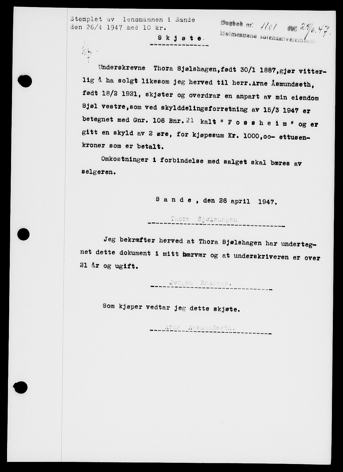 Holmestrand sorenskriveri, SAKO/A-67/G/Ga/Gaa/L0062: Pantebok nr. A-62, 1947-1947, Dagboknr: 1101/1947