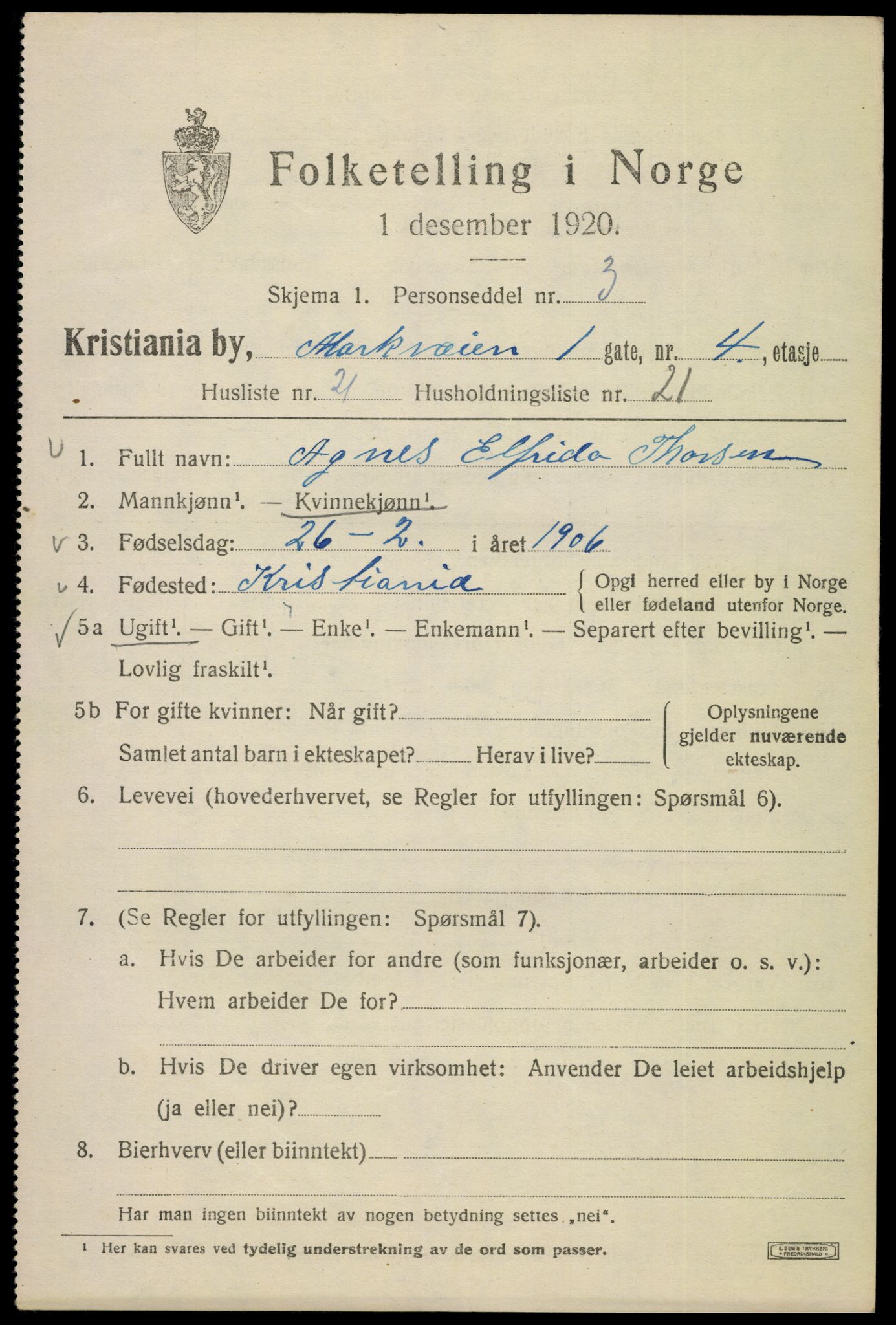 SAO, Folketelling 1920 for 0301 Kristiania kjøpstad, 1920, s. 385113
