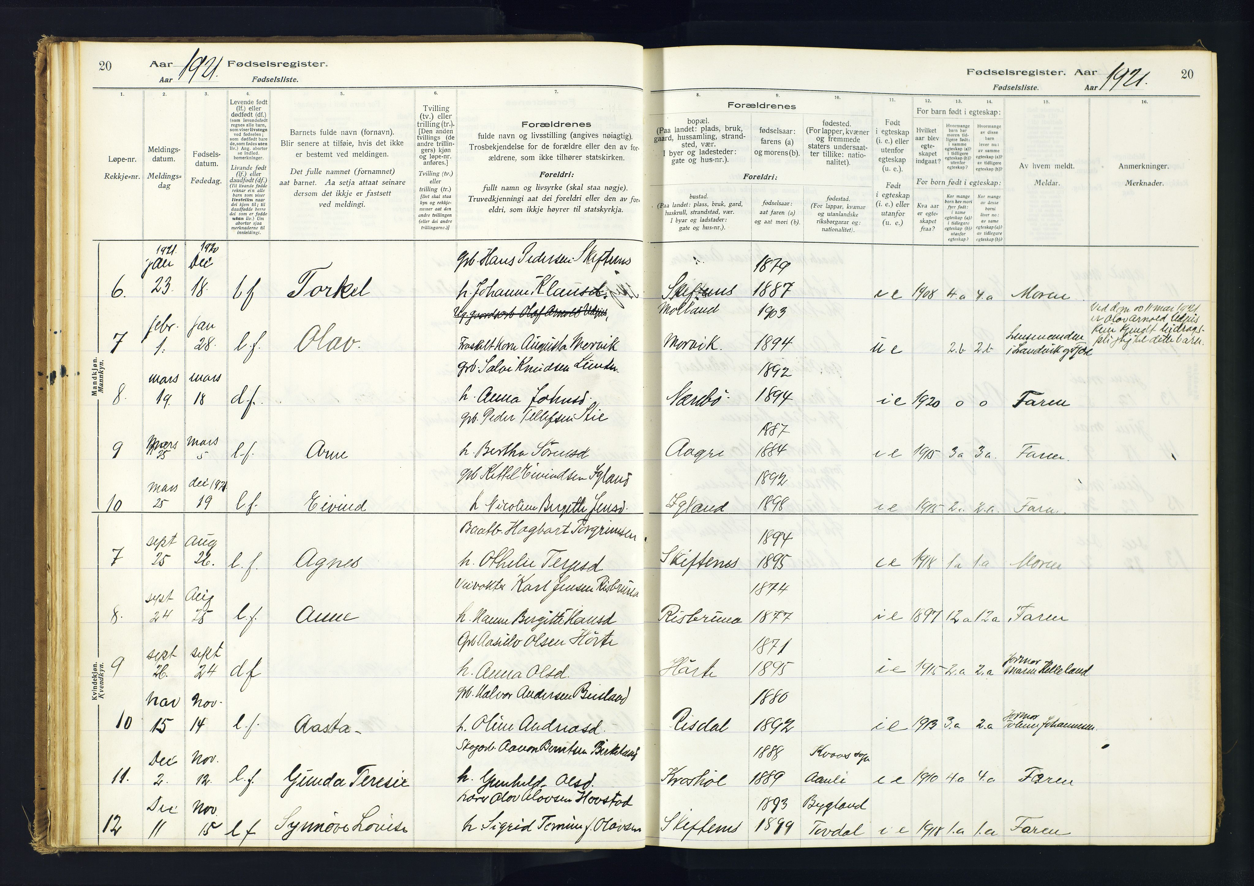 Hommedal sokneprestkontor, AV/SAK-1111-0023/J/Jd/L0001: Fødselsregister nr. 1, 1916-1962, s. 20