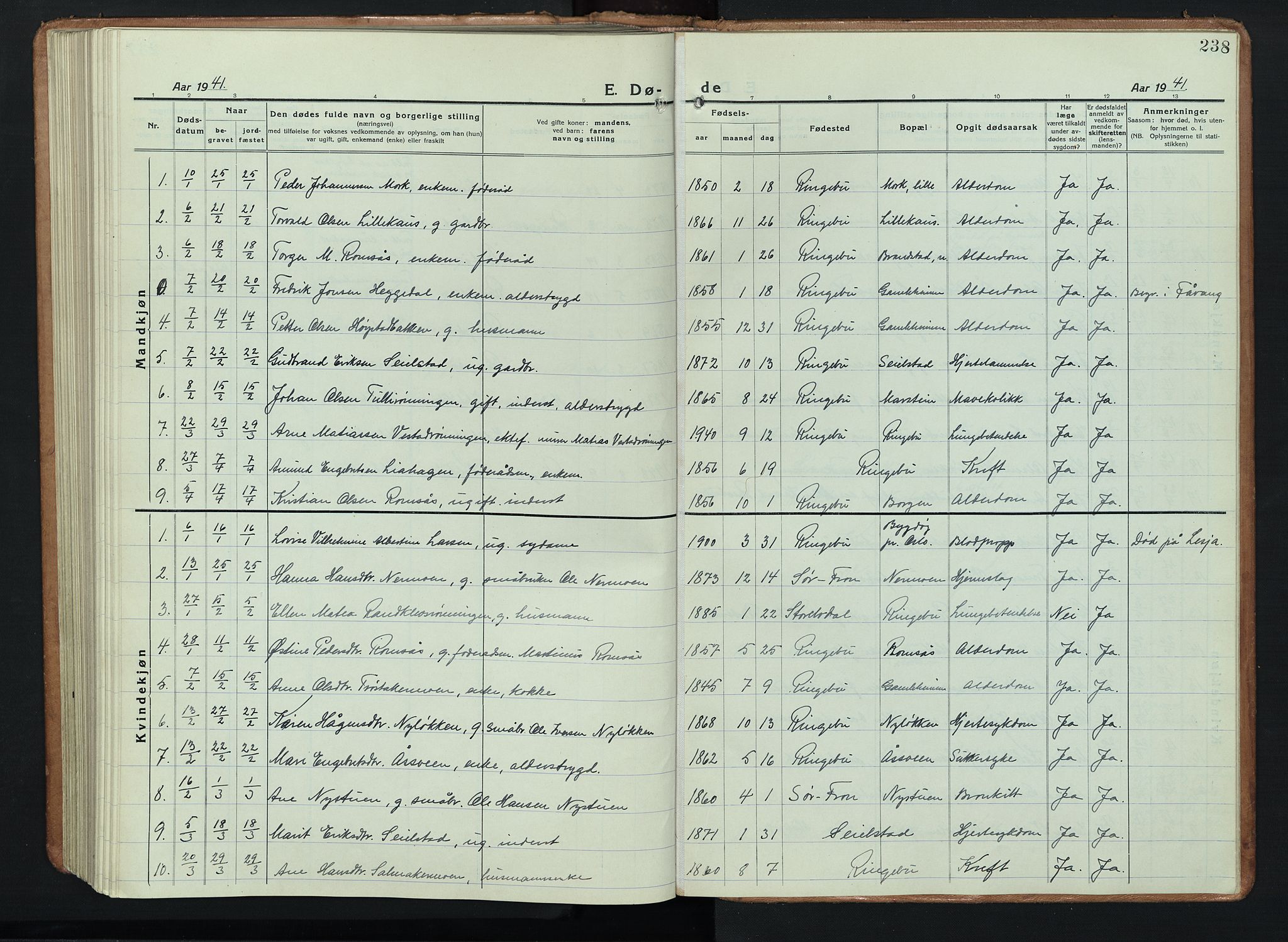 Ringebu prestekontor, SAH/PREST-082/H/Ha/Hab/L0011: Klokkerbok nr. 11, 1921-1943, s. 238