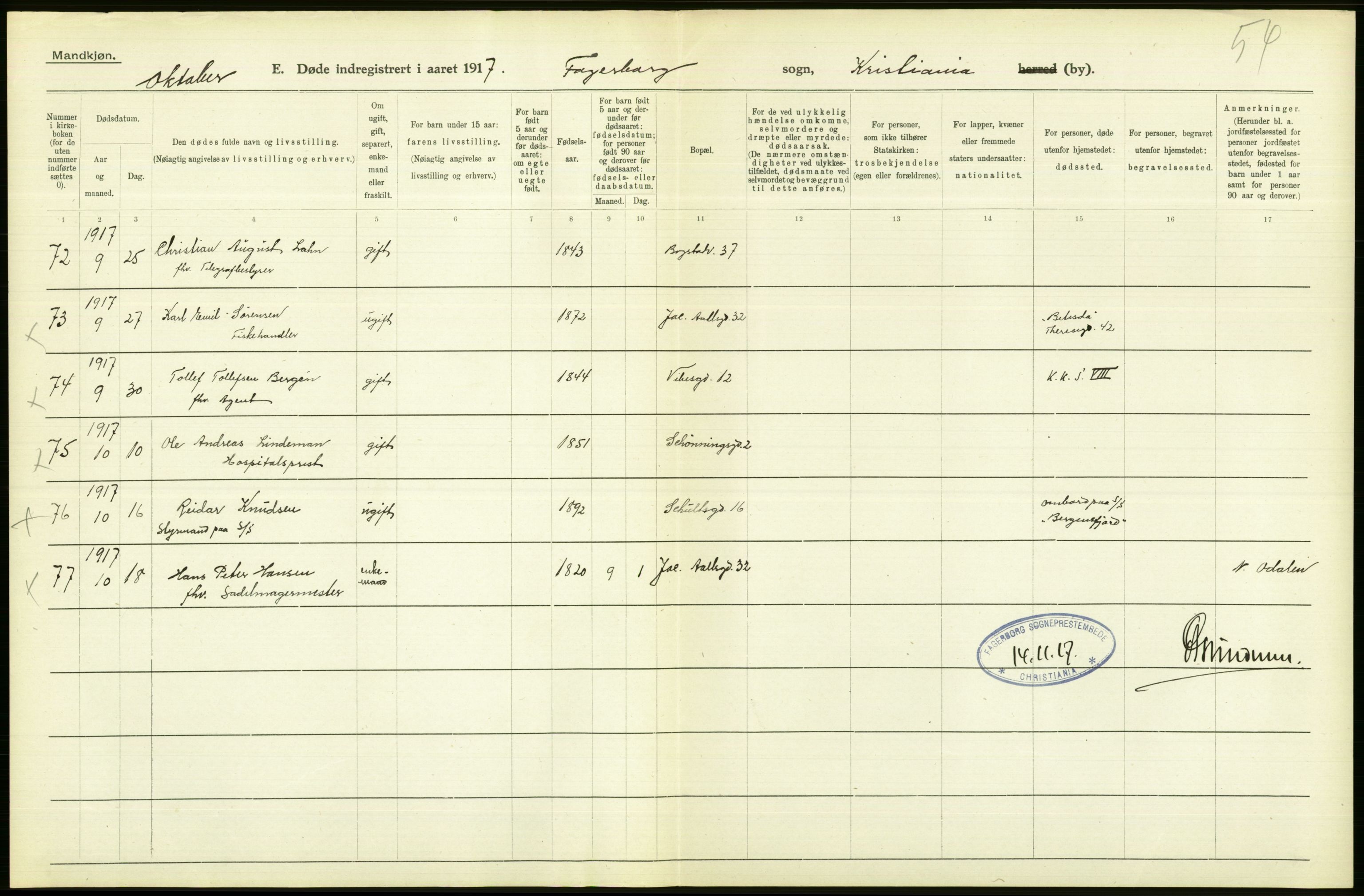 Statistisk sentralbyrå, Sosiodemografiske emner, Befolkning, AV/RA-S-2228/D/Df/Dfb/Dfbg/L0010: Kristiania: Døde, 1917, s. 428