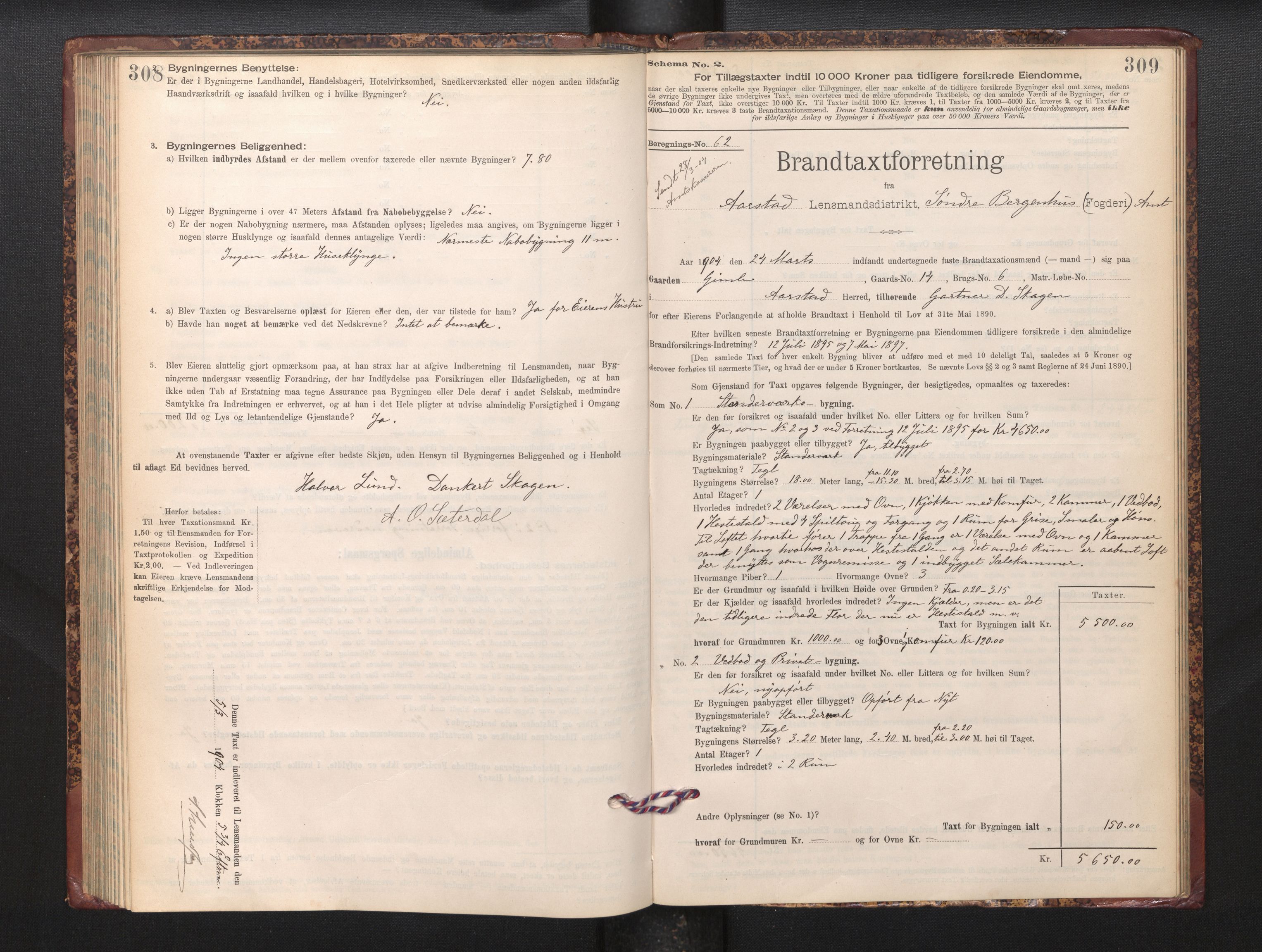 Lensmannen i Årstad, AV/SAB-A-36201/0012/L0012: Branntakstprotokoll,skjematakst, 1898-1906, s. 308-309