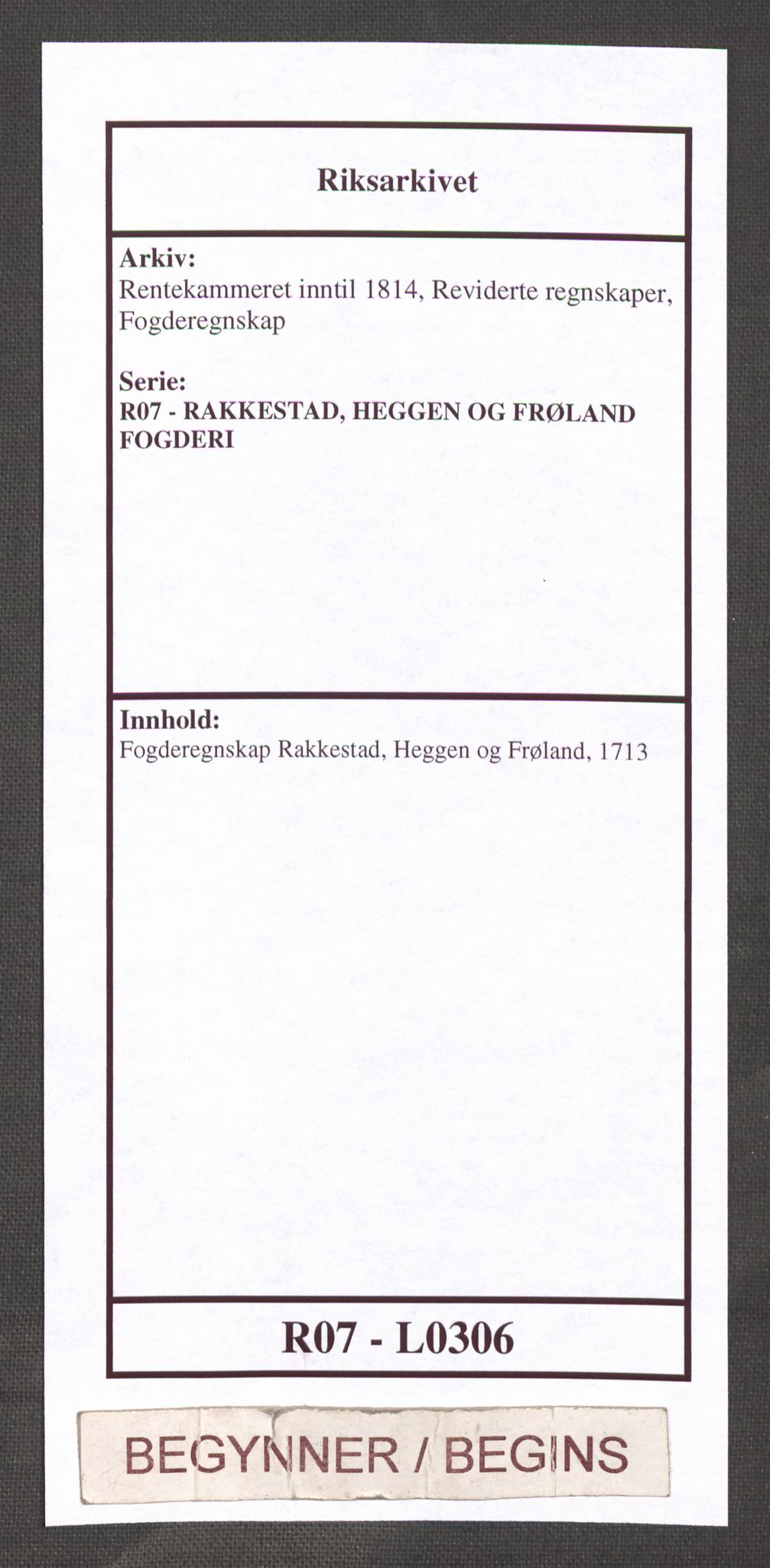 Rentekammeret inntil 1814, Reviderte regnskaper, Fogderegnskap, RA/EA-4092/R07/L0306: Fogderegnskap Rakkestad, Heggen og Frøland, 1713, s. 1