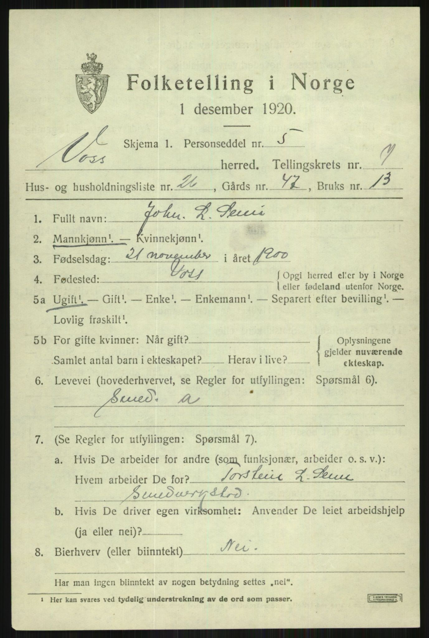 SAB, Folketelling 1920 for 1235 Voss herred, 1920, s. 7125