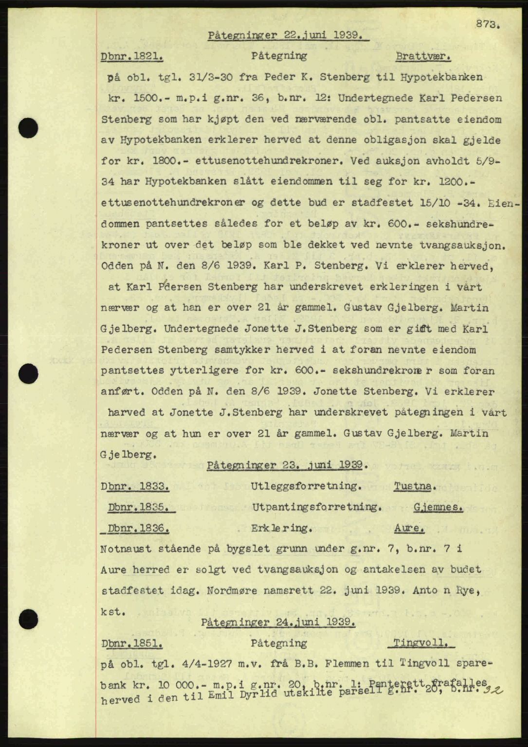 Nordmøre sorenskriveri, SAT/A-4132/1/2/2Ca: Pantebok nr. C80, 1936-1939, Dagboknr: 1821/1939