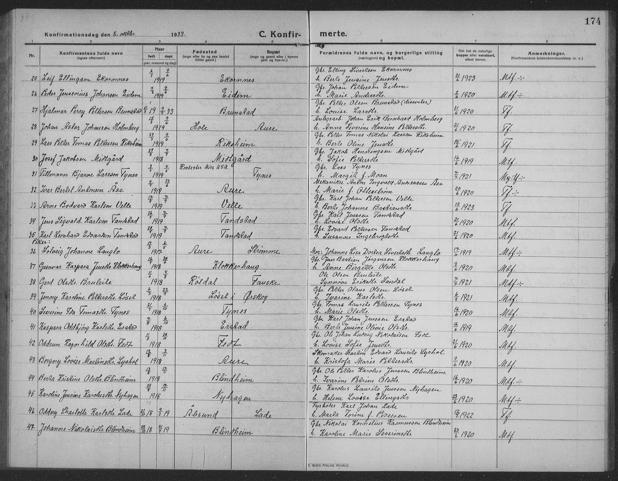 Ministerialprotokoller, klokkerbøker og fødselsregistre - Møre og Romsdal, AV/SAT-A-1454/523/L0342: Klokkerbok nr. 523C05, 1916-1937, s. 174
