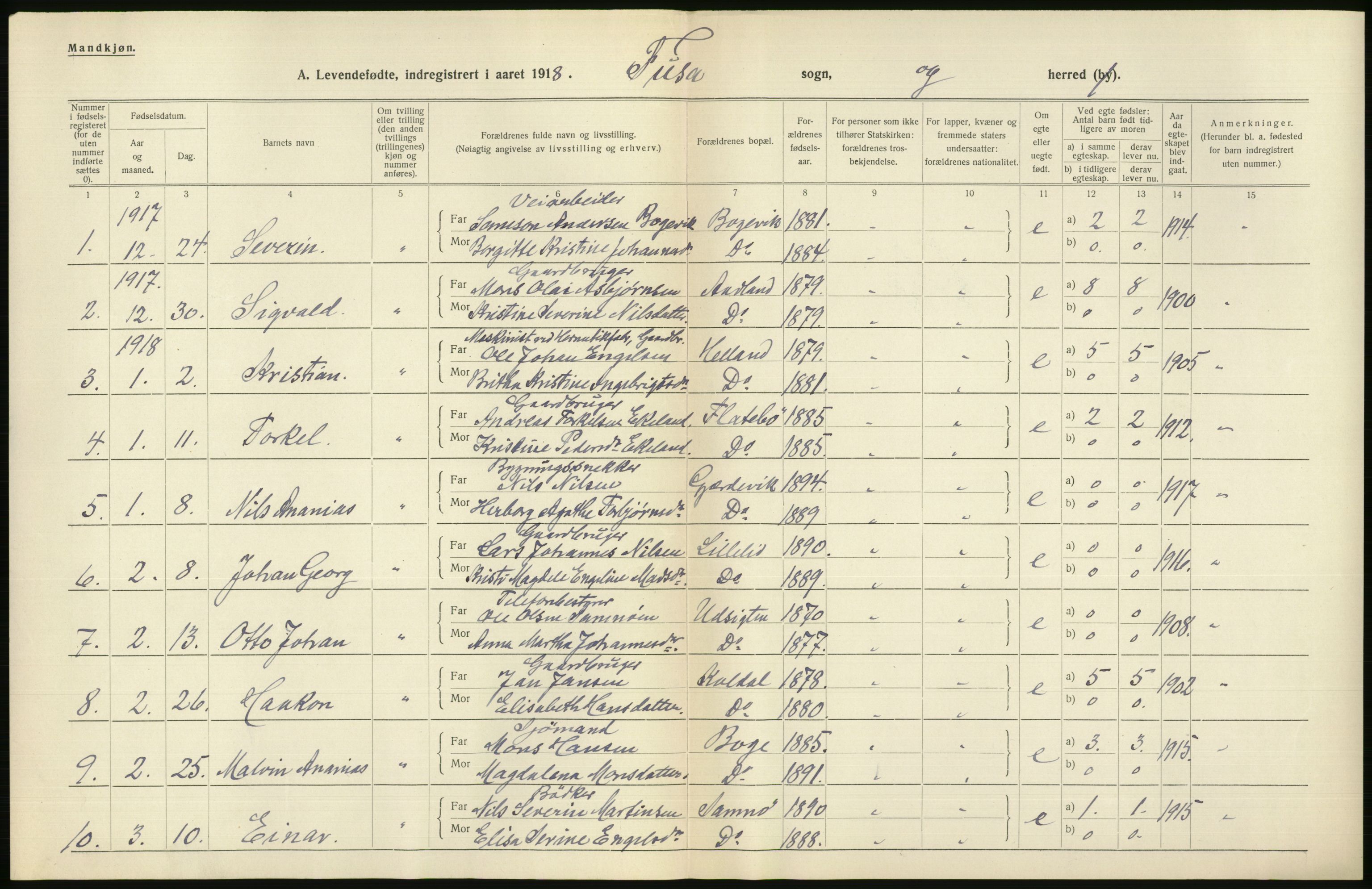 Statistisk sentralbyrå, Sosiodemografiske emner, Befolkning, RA/S-2228/D/Df/Dfb/Dfbh/L0034: Hordaland fylke: Levendefødte menn og kvinner. Bygder., 1918, s. 548