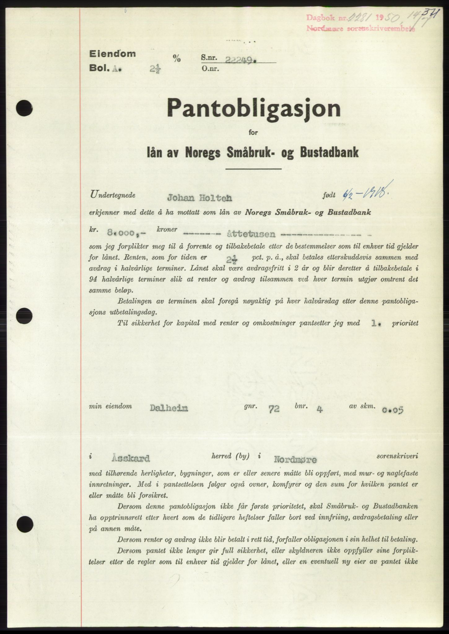 Nordmøre sorenskriveri, AV/SAT-A-4132/1/2/2Ca: Pantebok nr. B105, 1950-1950, Dagboknr: 2281/1950