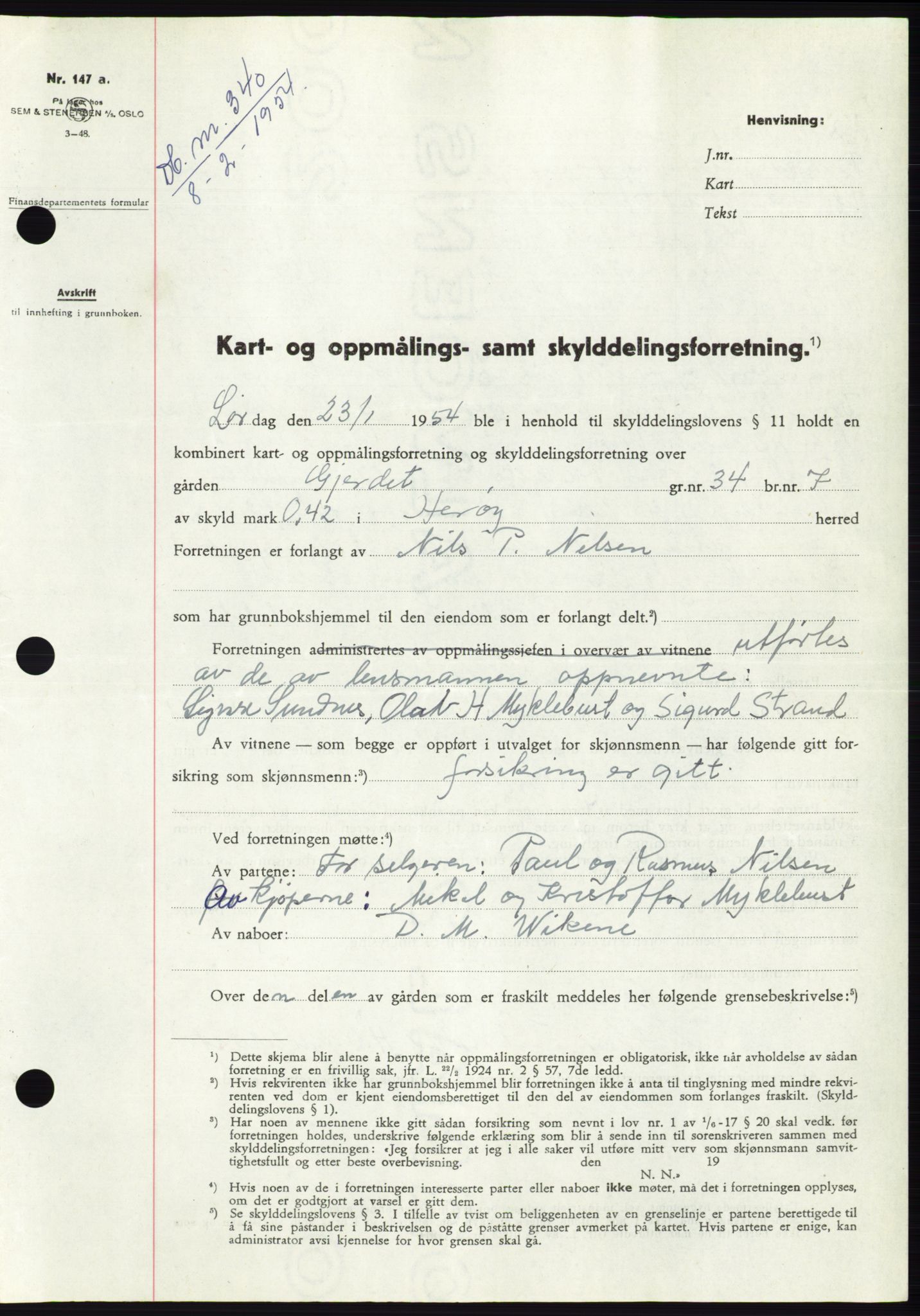 Søre Sunnmøre sorenskriveri, SAT/A-4122/1/2/2C/L0097: Pantebok nr. 23A, 1954-1954, Dagboknr: 340/1954