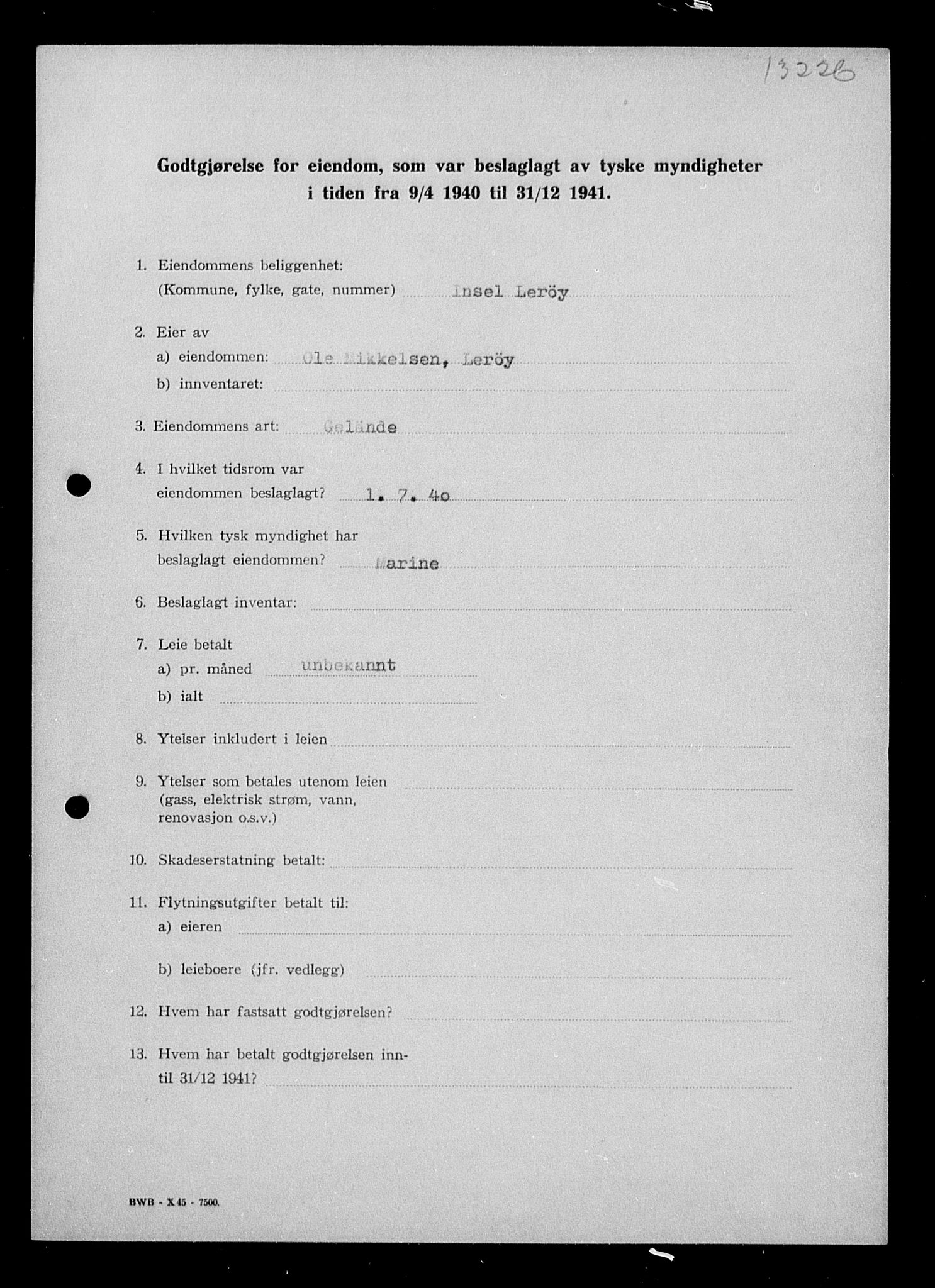 Justisdepartementet, Tilbakeføringskontoret for inndratte formuer, RA/S-1564/I/L1016: Godtgjørelse for beslaglagt eiendom, 1940-1941, s. 338