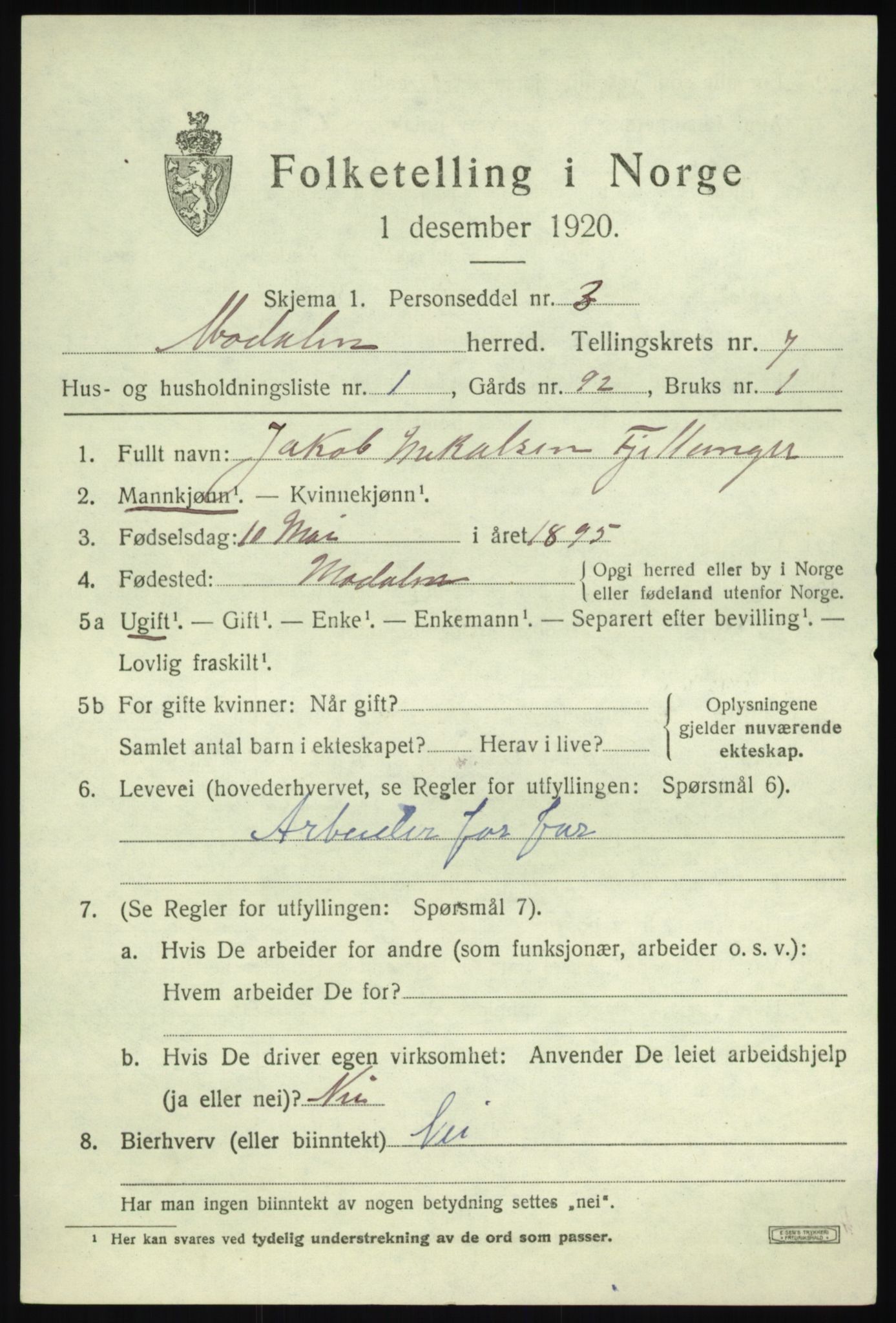 SAB, Folketelling 1920 for 1252 Modalen herred, 1920, s. 1384