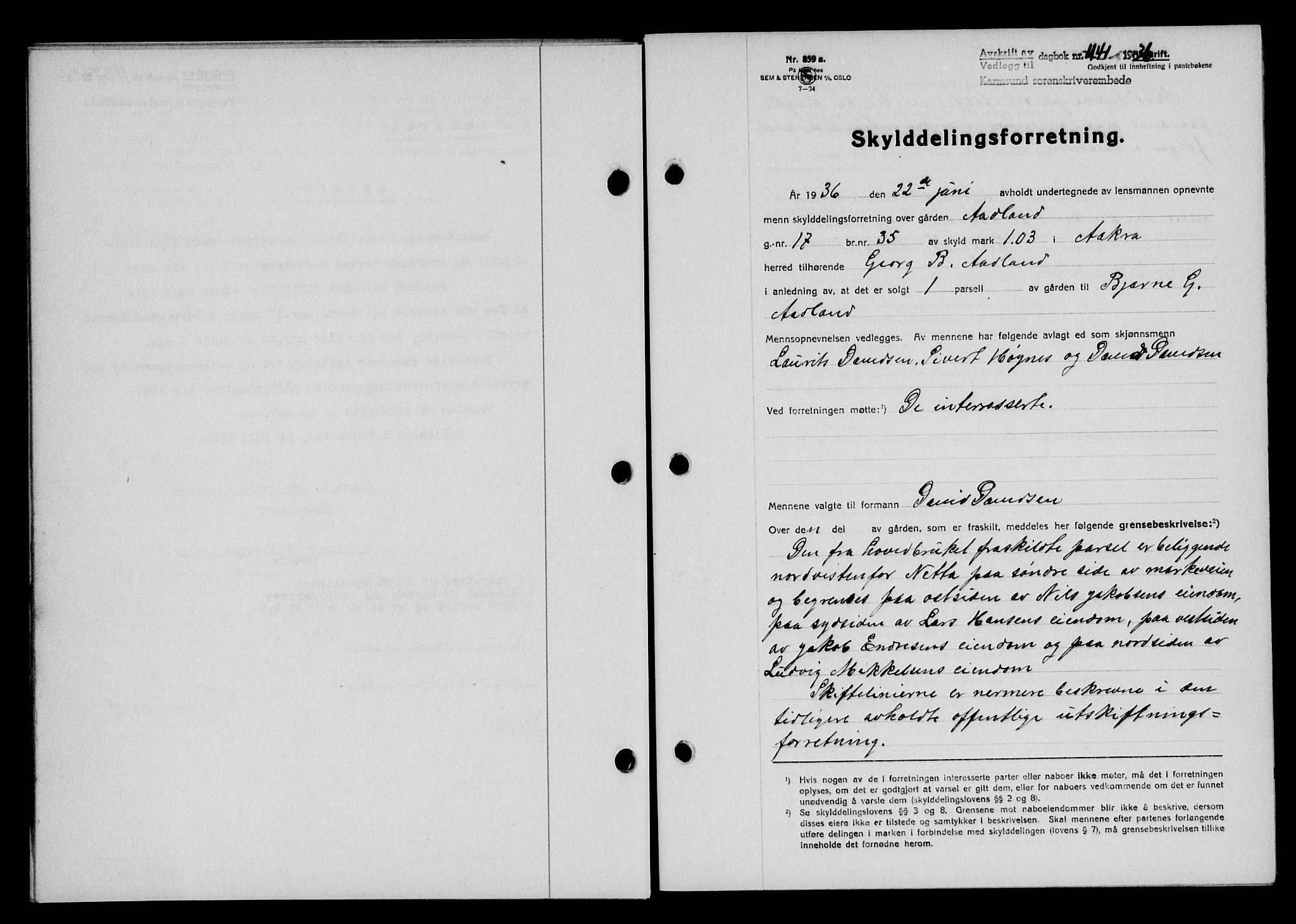Karmsund sorenskriveri, SAST/A-100311/01/II/IIB/L0066: Pantebok nr. 47A, 1936-1936, Dagboknr: 1141/1936