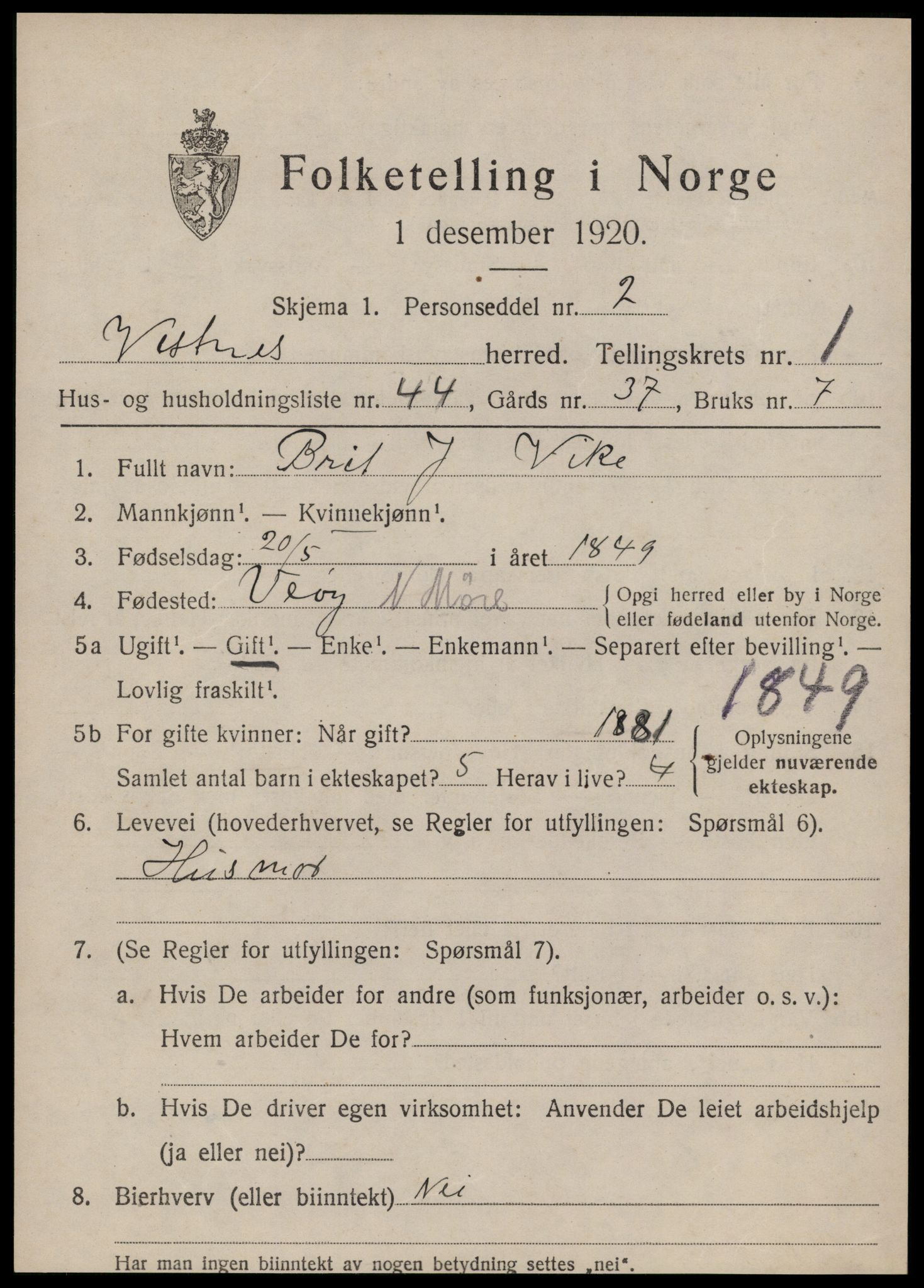 SAT, Folketelling 1920 for 1535 Vestnes herred, 1920, s. 1749