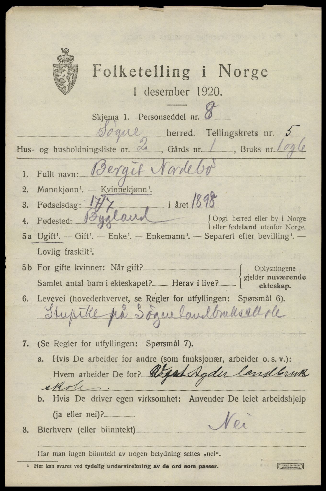 SAK, Folketelling 1920 for 1018 Søgne herred, 1920, s. 2195
