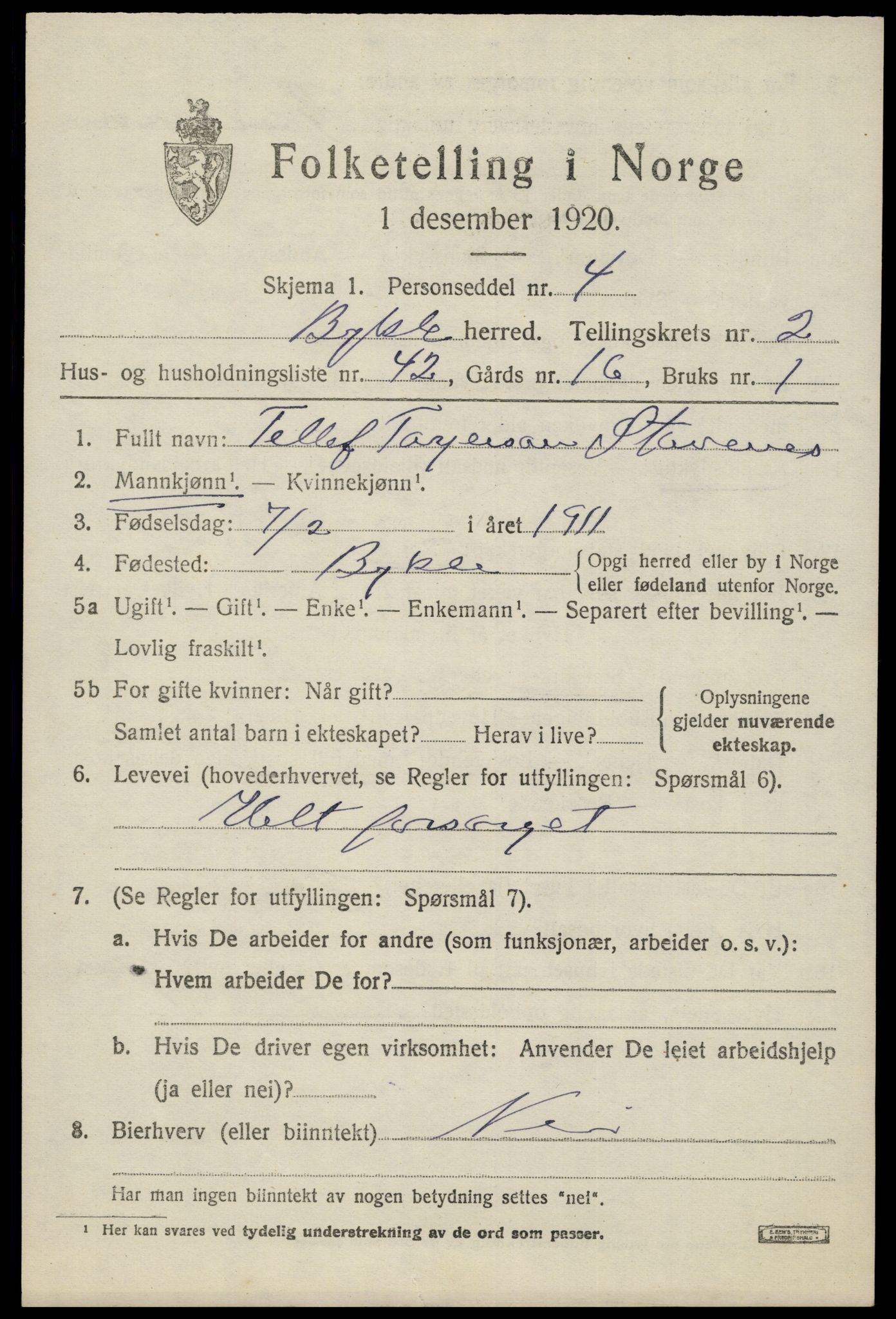 SAK, Folketelling 1920 for 0941 Bykle herred, 1920, s. 1001