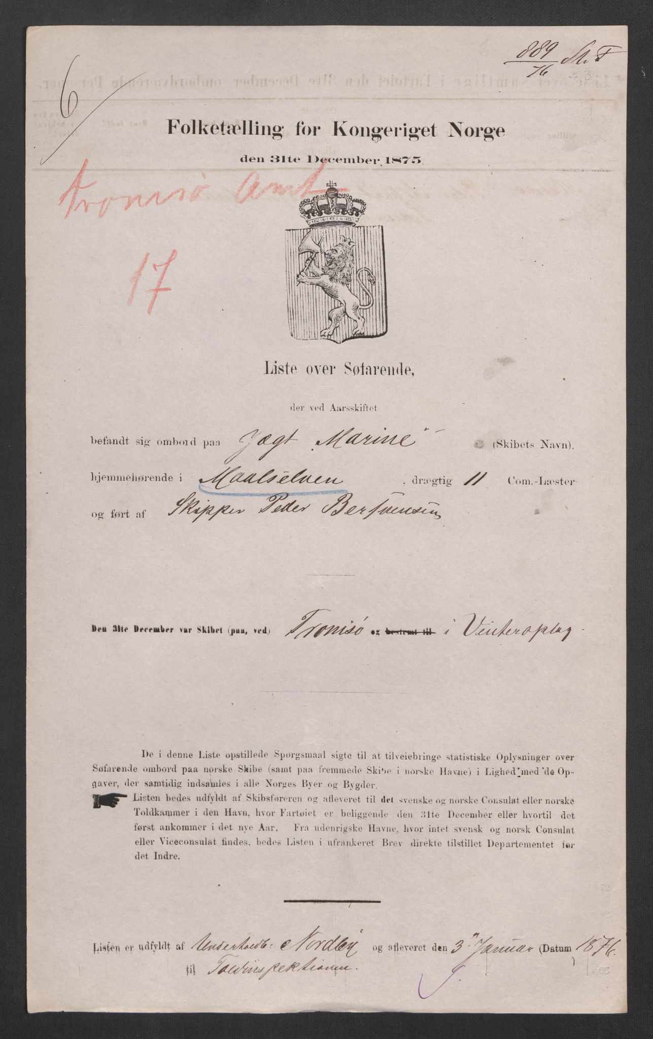 RA, Folketelling 1875, skipslister: Skip i innenrikske havner, hjemmehørende i 1) landdistrikter, 2) forskjellige steder, 3) utlandet, 1875, s. 368