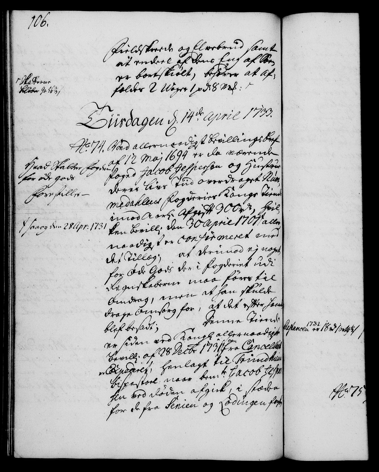 Rentekammeret, Kammerkanselliet, RA/EA-3111/G/Gh/Gha/L0015: Norsk ekstraktmemorialprotokoll (merket RK 53.60), 1733, s. 106