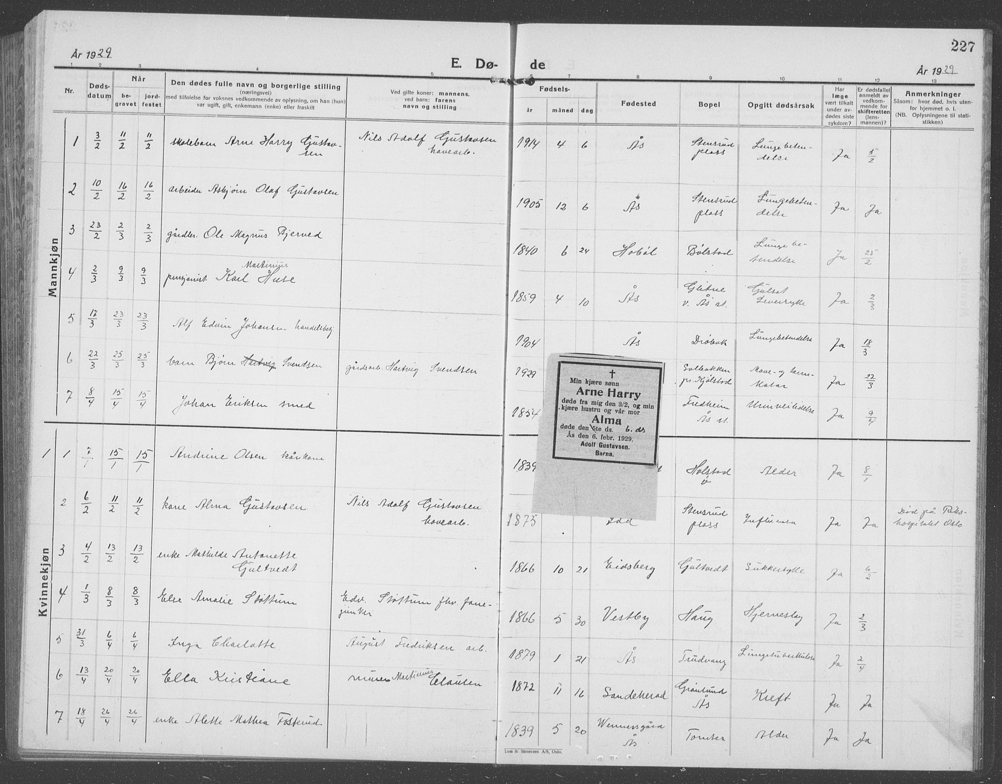 Ås prestekontor Kirkebøker, AV/SAO-A-10894/G/Ga/L0006: Klokkerbok nr. I 6, 1925-1940, s. 227