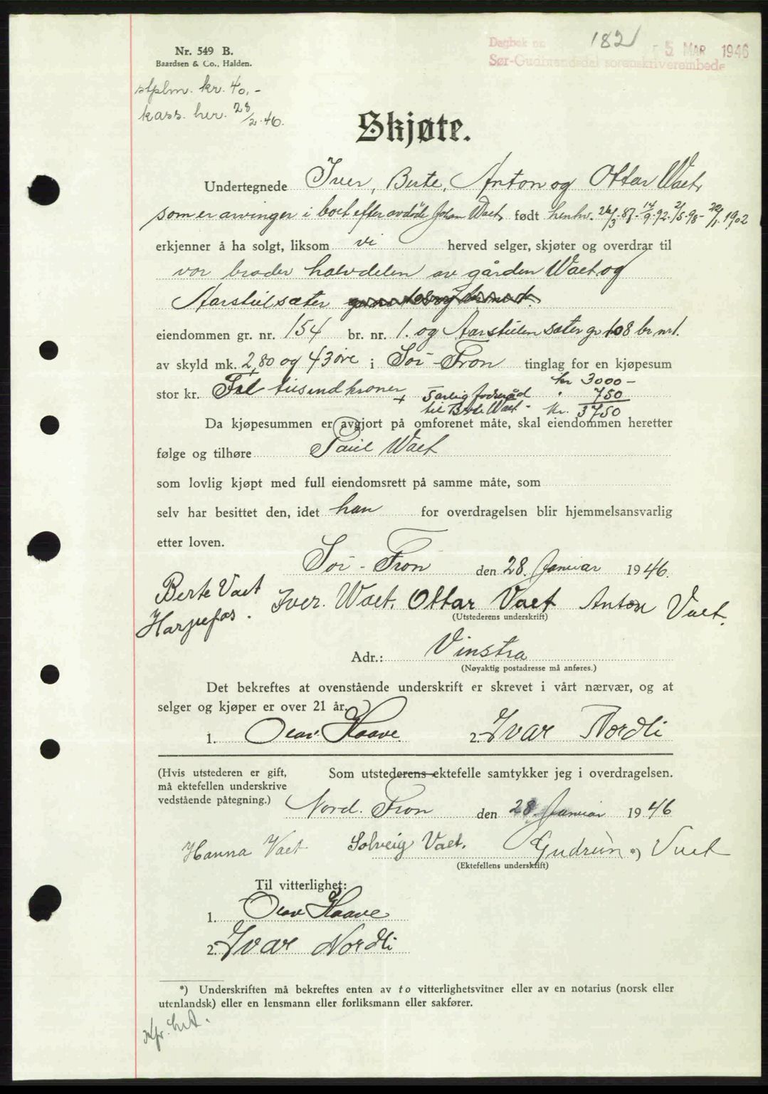 Sør-Gudbrandsdal tingrett, SAH/TING-004/H/Hb/Hbd/L0015: Pantebok nr. A15, 1945-1946, Dagboknr: 182/1946