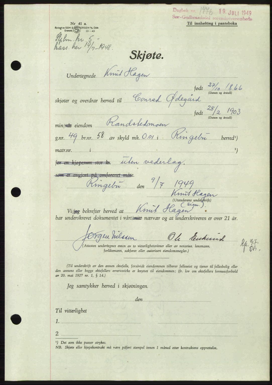 Sør-Gudbrandsdal tingrett, SAH/TING-004/H/Hb/Hbd/L0025: Pantebok nr. A25, 1949-1949, Dagboknr: 1776/1949