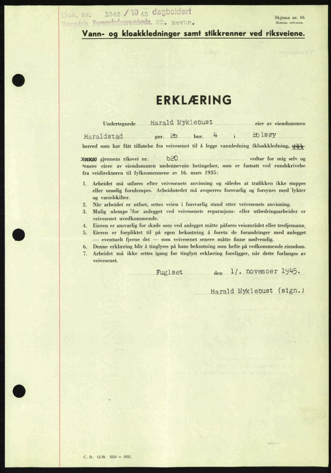 Romsdal sorenskriveri, SAT/A-4149/1/2/2C: Pantebok nr. A18, 1945-1945, Dagboknr: 1345/1945