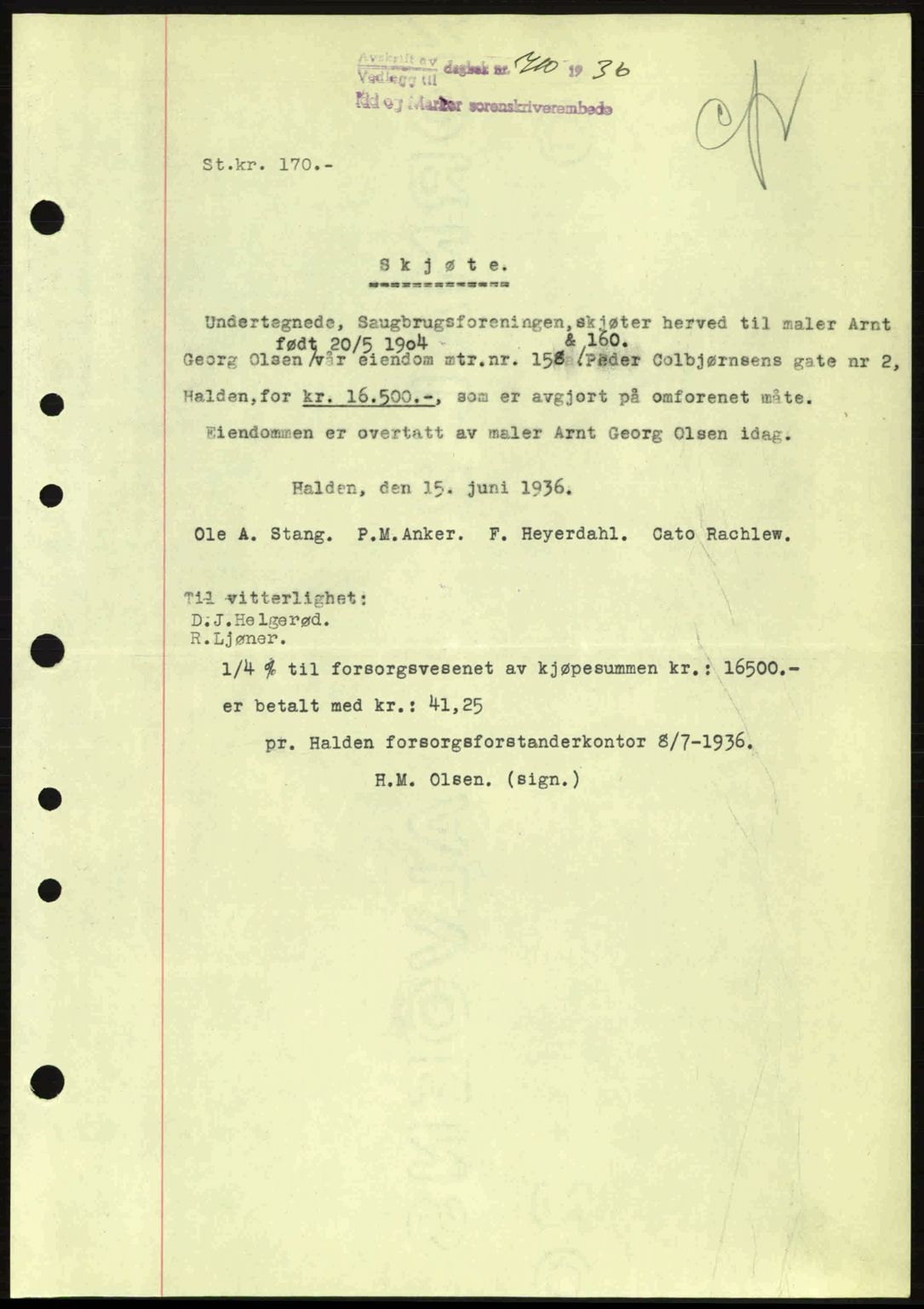 Idd og Marker sorenskriveri, AV/SAO-A-10283/G/Gb/Gbb/L0001: Pantebok nr. A1, 1936-1937, Dagboknr: 710/1936