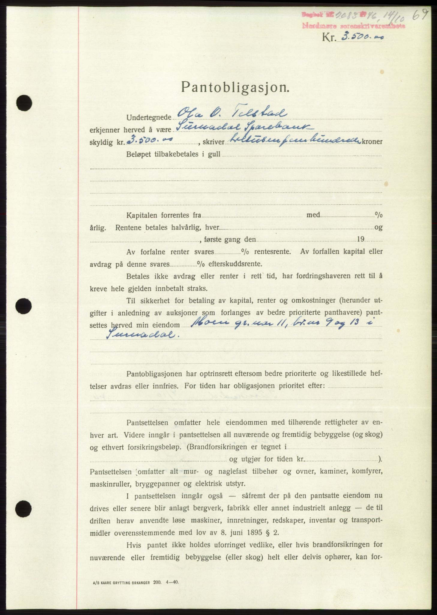 Nordmøre sorenskriveri, SAT/A-4132/1/2/2Ca: Pantebok nr. B95, 1946-1947, Dagboknr: 2083/1946