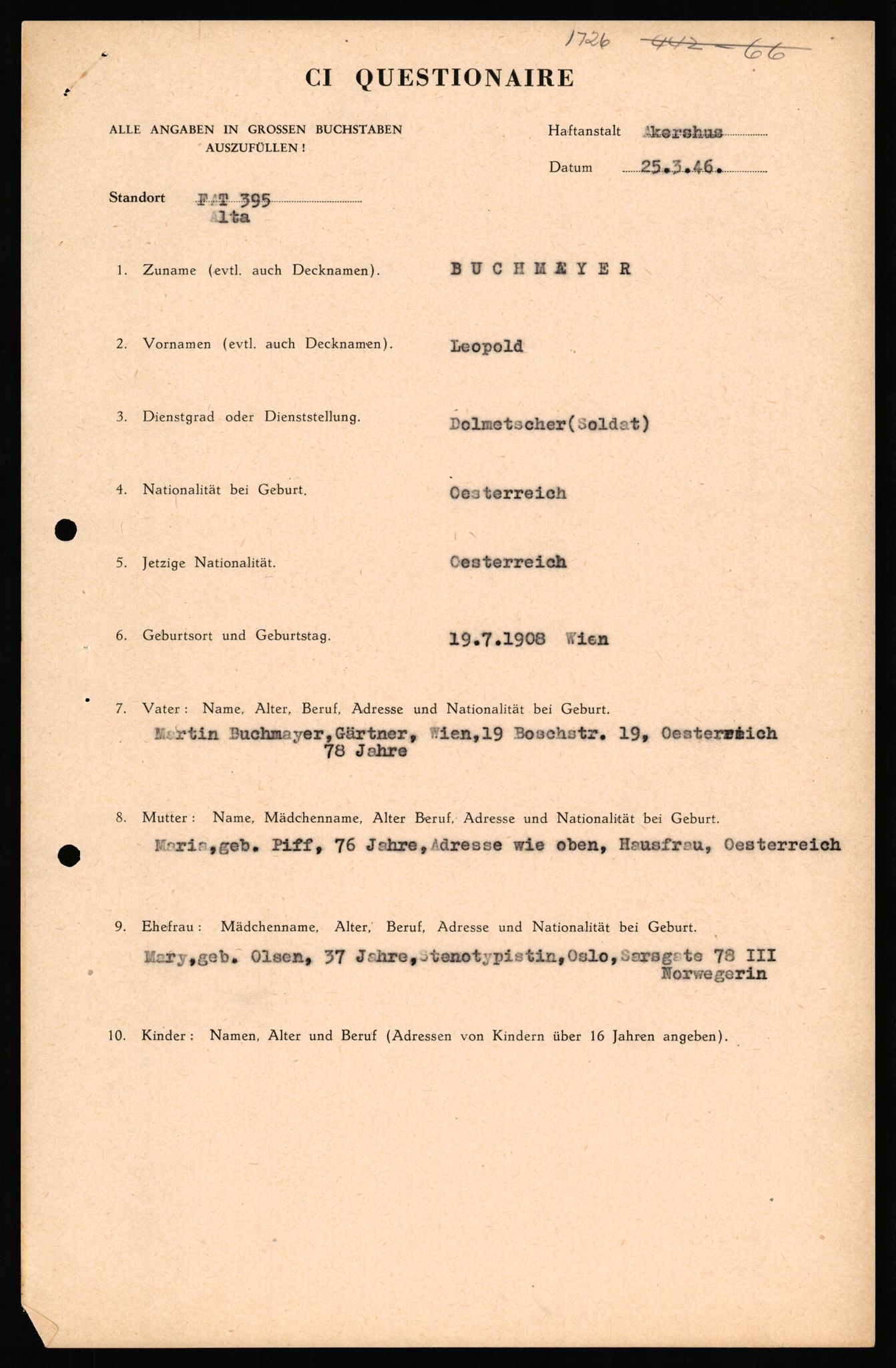 Forsvaret, Forsvarets overkommando II, AV/RA-RAFA-3915/D/Db/L0038: CI Questionaires. Tyske okkupasjonsstyrker i Norge. Østerrikere., 1945-1946, s. 133
